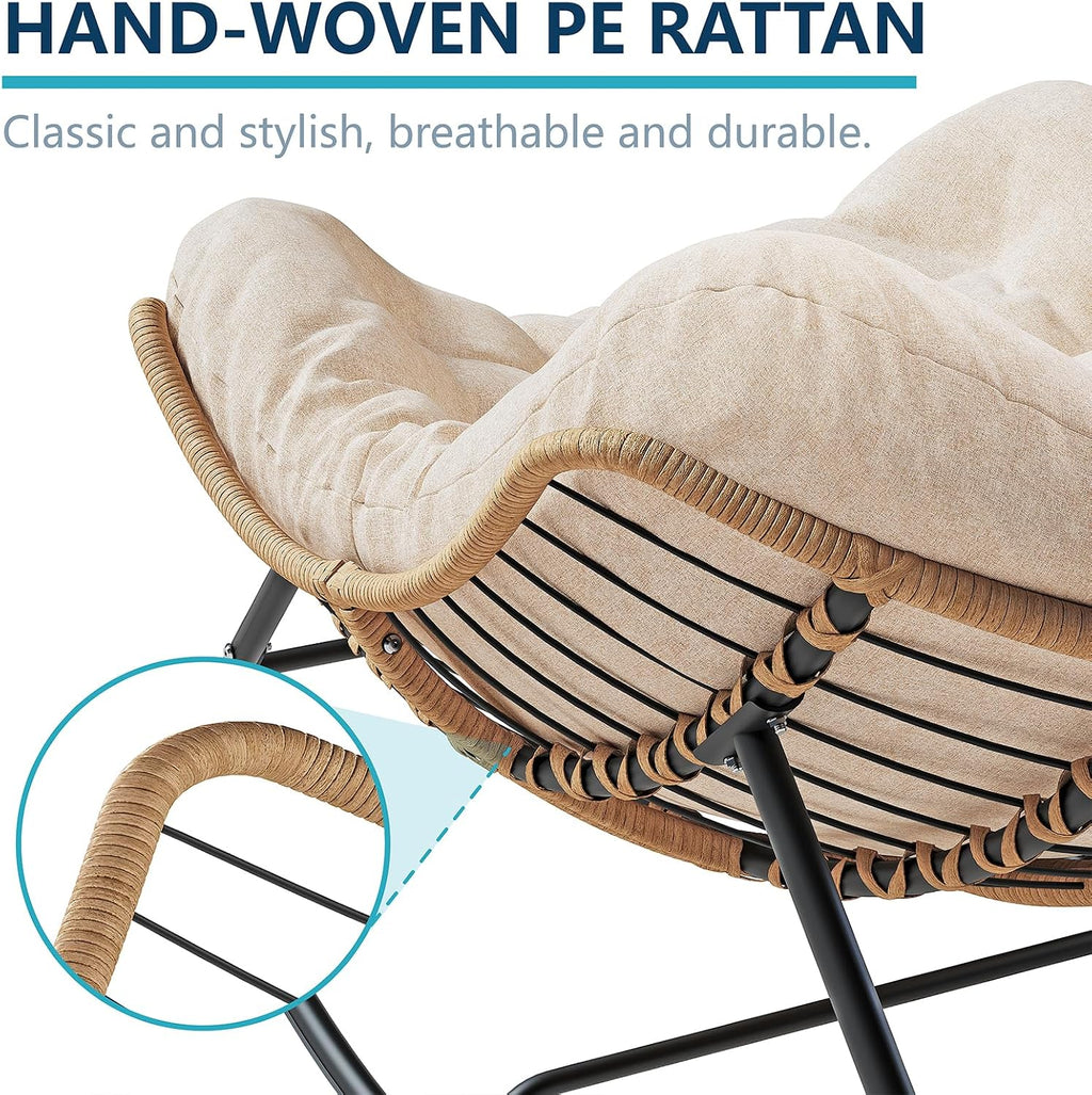 LEYCAY Outdoor Rocking Chair, Oversized Papasan Chair, Indoor Comfy Lounge Rocker with Cushion for Patio, Living Room, Porch, Balcony-Cream