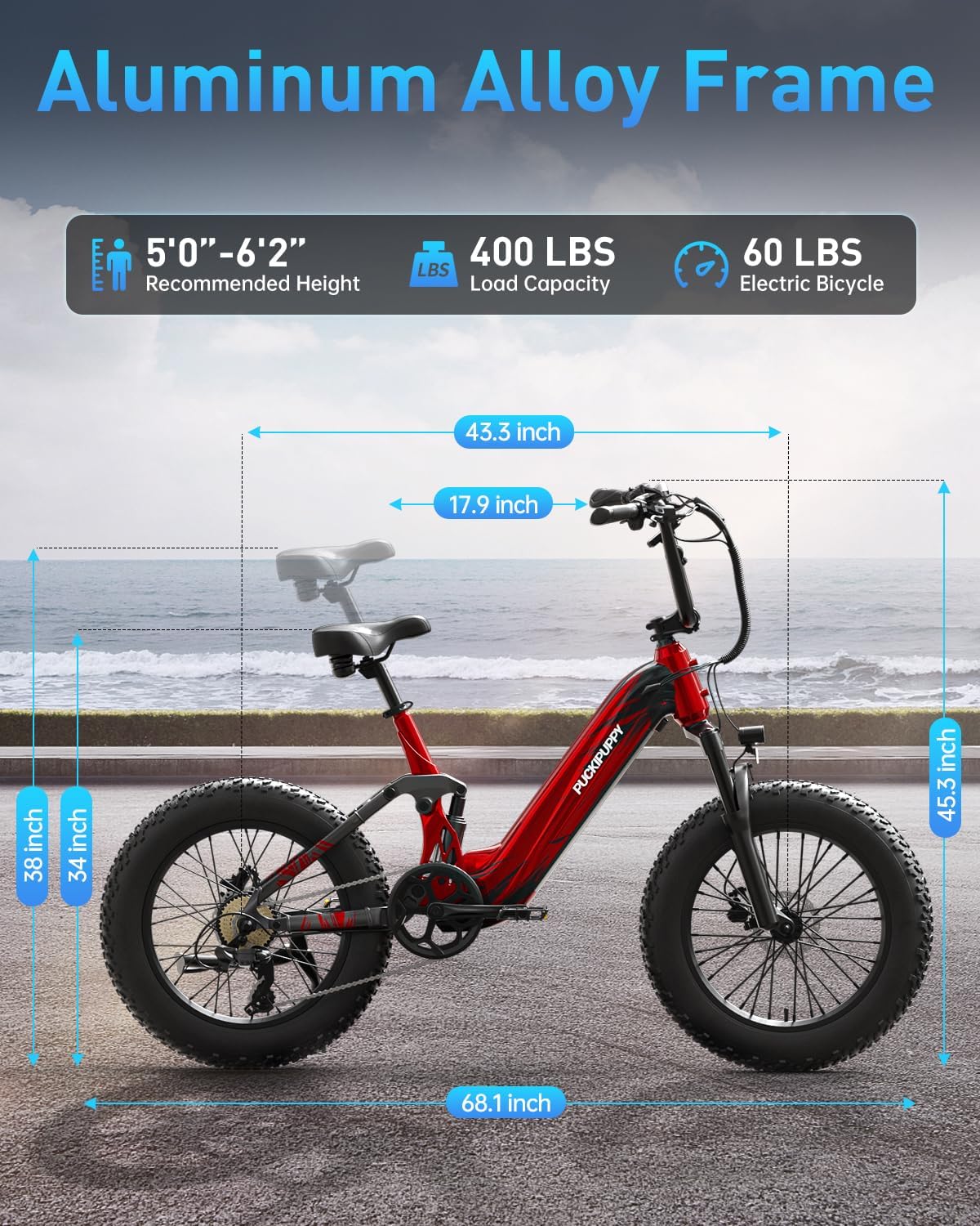 PUCKIPUPPY Corgi Electric Bike for Adults 960W, 48V 20Ah Battery, New Longitudinal Suspension, 20'' Fat Tire Full Suspension Mountain Ebike, 28MPH & 80Miles Range, LCD Display, 7 Speed