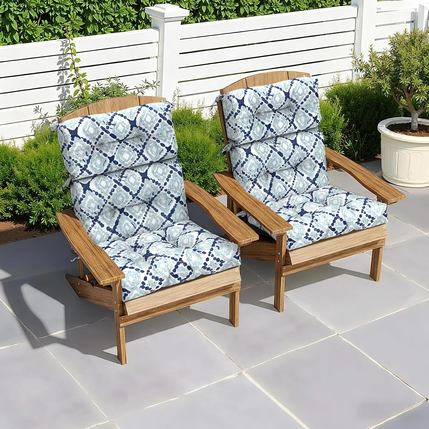 LVTXIII Outdoor Tufted High Back Cushions Set of 2 Patio Seasonal Replacement Rocking Chair Cushion with Ties, Solid Seat and Back Chair Cushion, (44' L x 22W', Boho Geometry Blue)