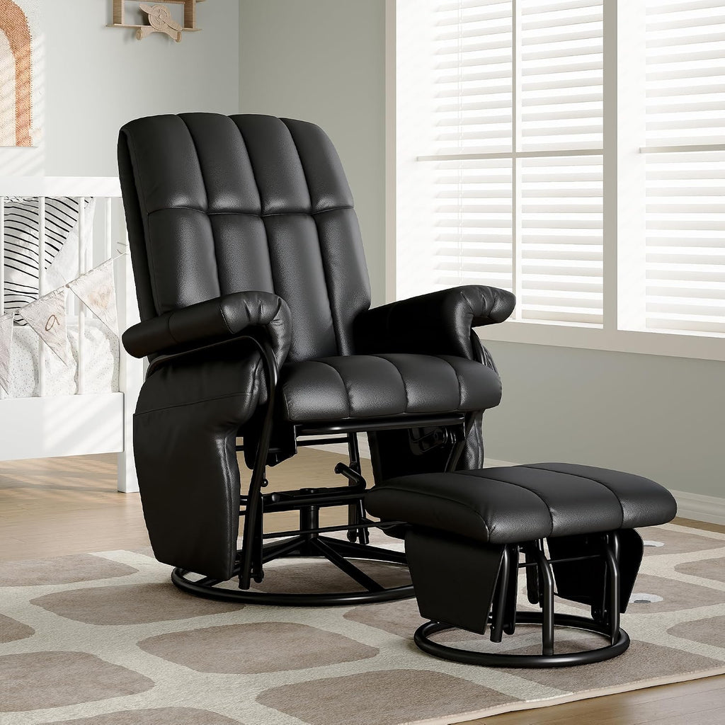 AODAILIHB 360° Swivel Glider Recliner with Ottoman, Nursing Glider Rocking Chair with Foot Rest & 2 Side Pockets for Nursery, Living Room, Bedroom, Office, Black
