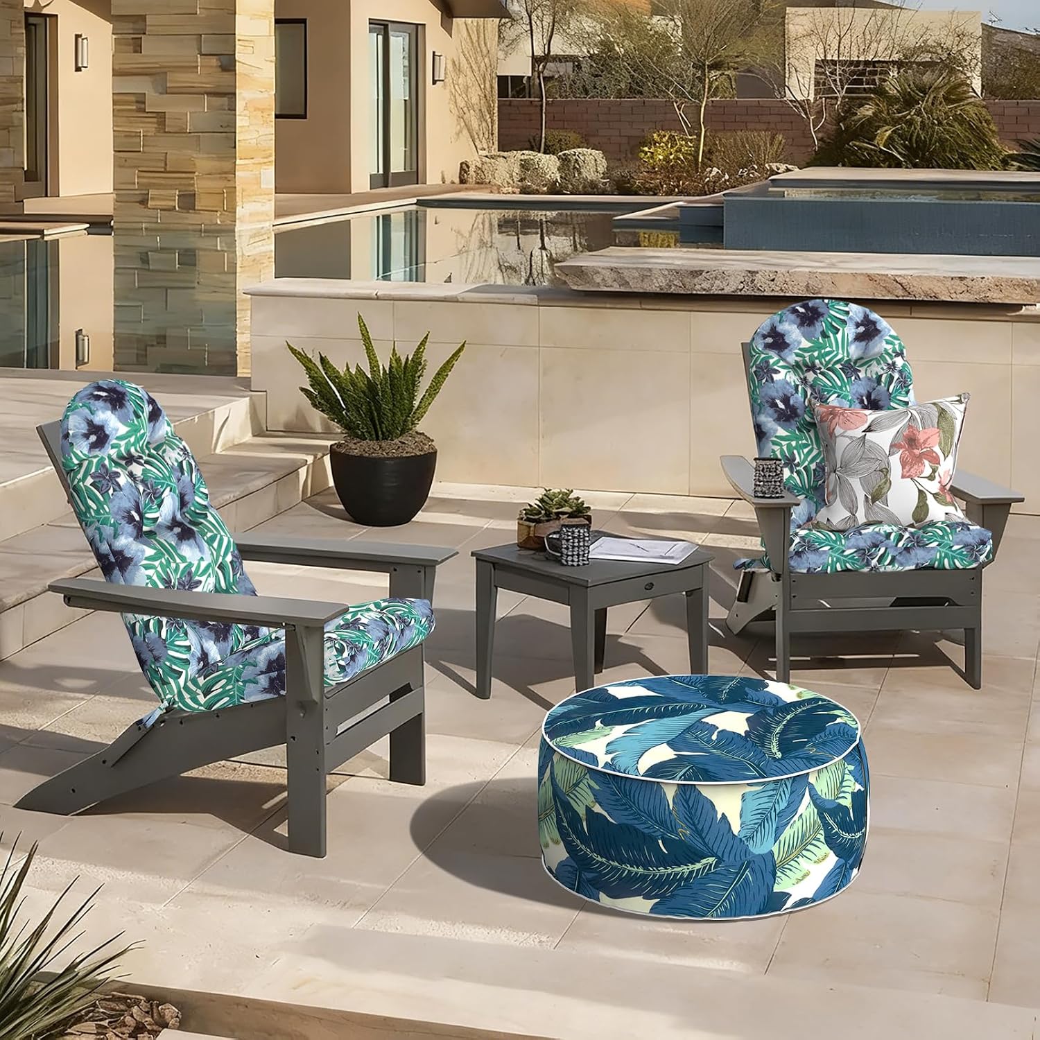 LVTXIII Outdoor Adirondack Chair Cushions, 44x19x4 Inch Non-Slip High Back Rocking Chair Cushion, Tufted Seat Cushion for Patio Furniture, Set of 2, Blue Salmone Tropical