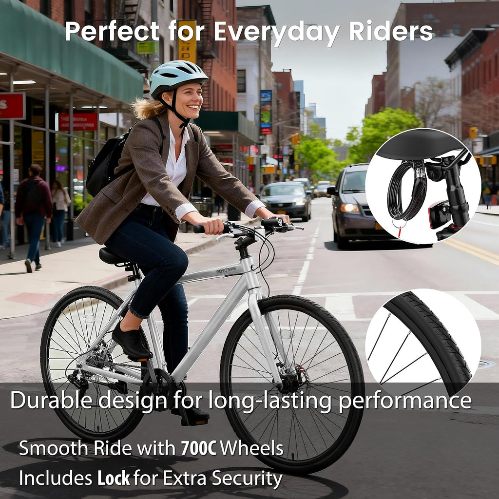 MOONCOOL Hybrid Bike for Men, 700C Aluminum 29LB Ultra-Light 8 Speed Commuter Bike, 350lb Loading, 29' Urban Bicycle, Dual Disc Brakes, for Tall Men&Women, 85% Pre-Assembled