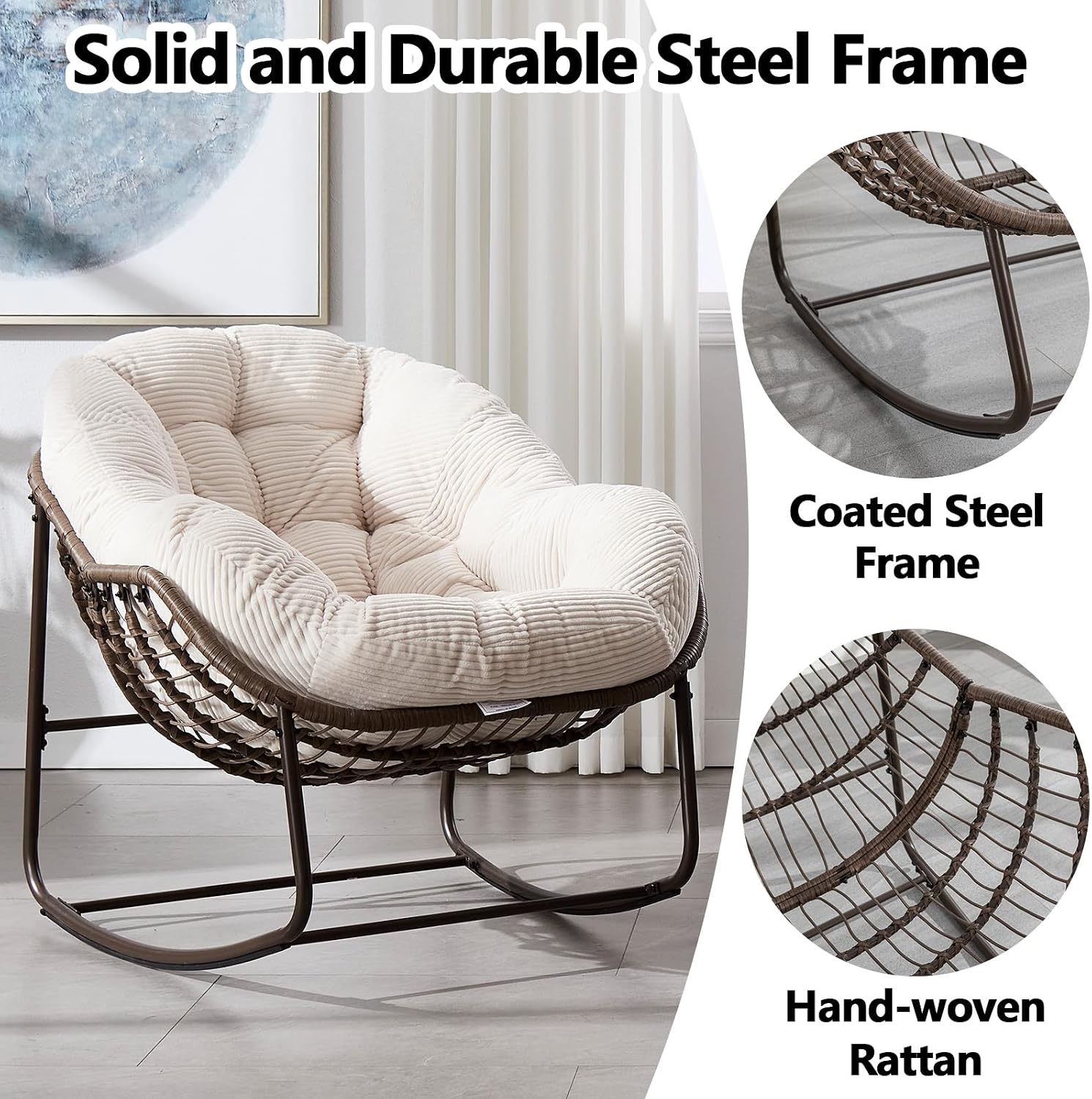 37' Papasan Rocking Chair with Cushion and Steel Frame, Oversized Outdoor Egg Rocking Chair, Rattan Circle Chairs for Grand Patio and Garden (White)