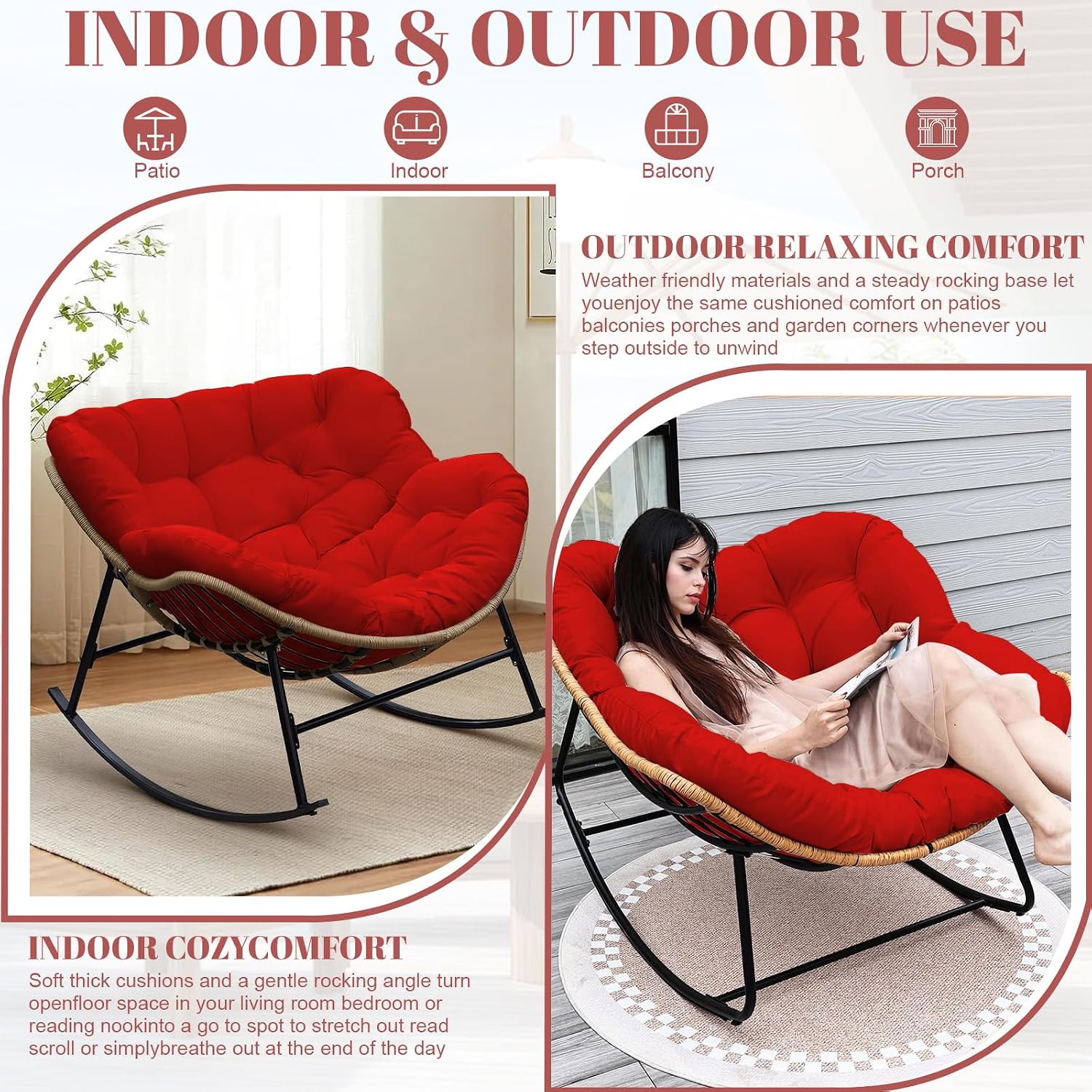 Thickened Waterproof Papasan Rocking Chair Cushion, 6.3'' Patio Egg Chair Pad with Ties, Outdoor/Indoor Rattan Hammock Cushions for Porch, Garden, Balcony(Only Cushion no Chair) (Red)