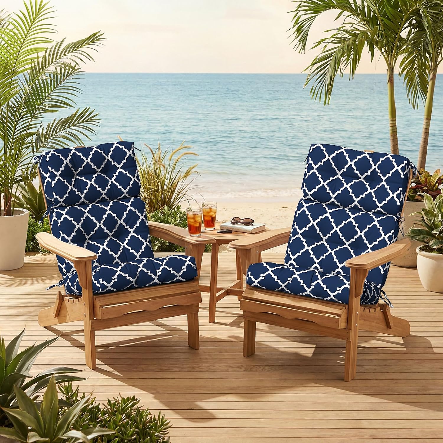 Outdoor High Back Patio Chair Cushions, Tufted Rocking Chair Cushions, Adirondack Cushions for Garden Porch Home Office Chairs Use, 44' x 22' x 4', 2 Pack, Geometry Navy