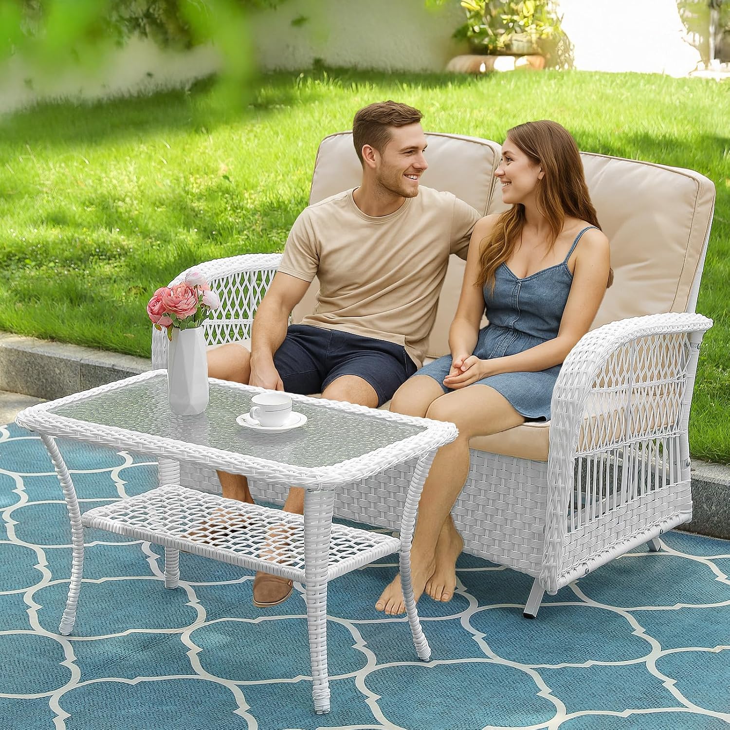 VIVIJASON 2-Piece Patio White Wicker Loveseat Glider Set Cushioned, Outdoor Conversation Furniture Sets W/ 2-Seater Glider Rocking Bench, Coffee Table and Cushions for Porch Garden Poolside, Beige