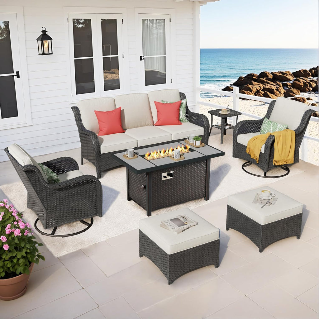 ovios 7 Pieces Patio Furniture Set with 42 inch Fire Pit Table, Outdoor Wicker Sofa Couch Swivel Rocking Glider Chairs, Modern Luxury Conversation Set, Brown Wicker, Beige