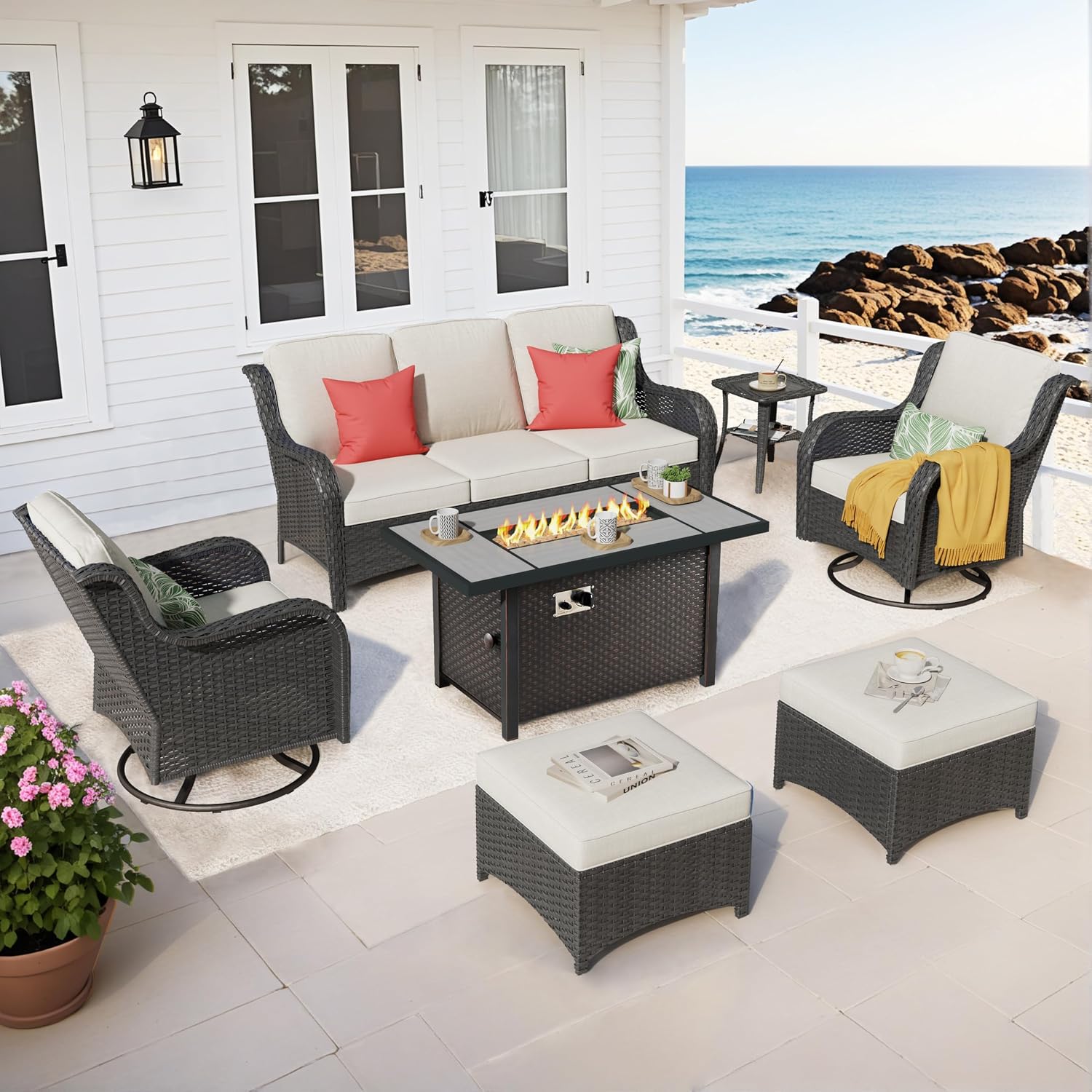 ovios 7 Pieces Patio Furniture Set with 42 inch Fire Pit Table, Outdoor Wicker Sofa Couch Swivel Rocking Glider Chairs, Modern Luxury Conversation Set, Brown Wicker, Beige