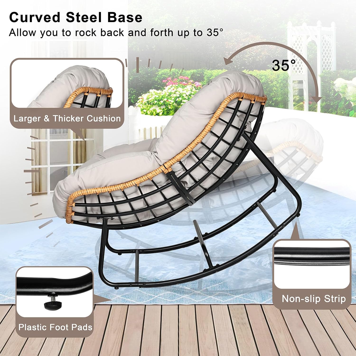 Papasan Chair, Outdoor Rocking Chair with Cushion, 450LB Heavy Duty Egg Chair, Indoor Outdoor Patio Rocking Chairs for Balcony, Porch, Living Room, Bedroom, Lawn, Garden (Light Gray.)