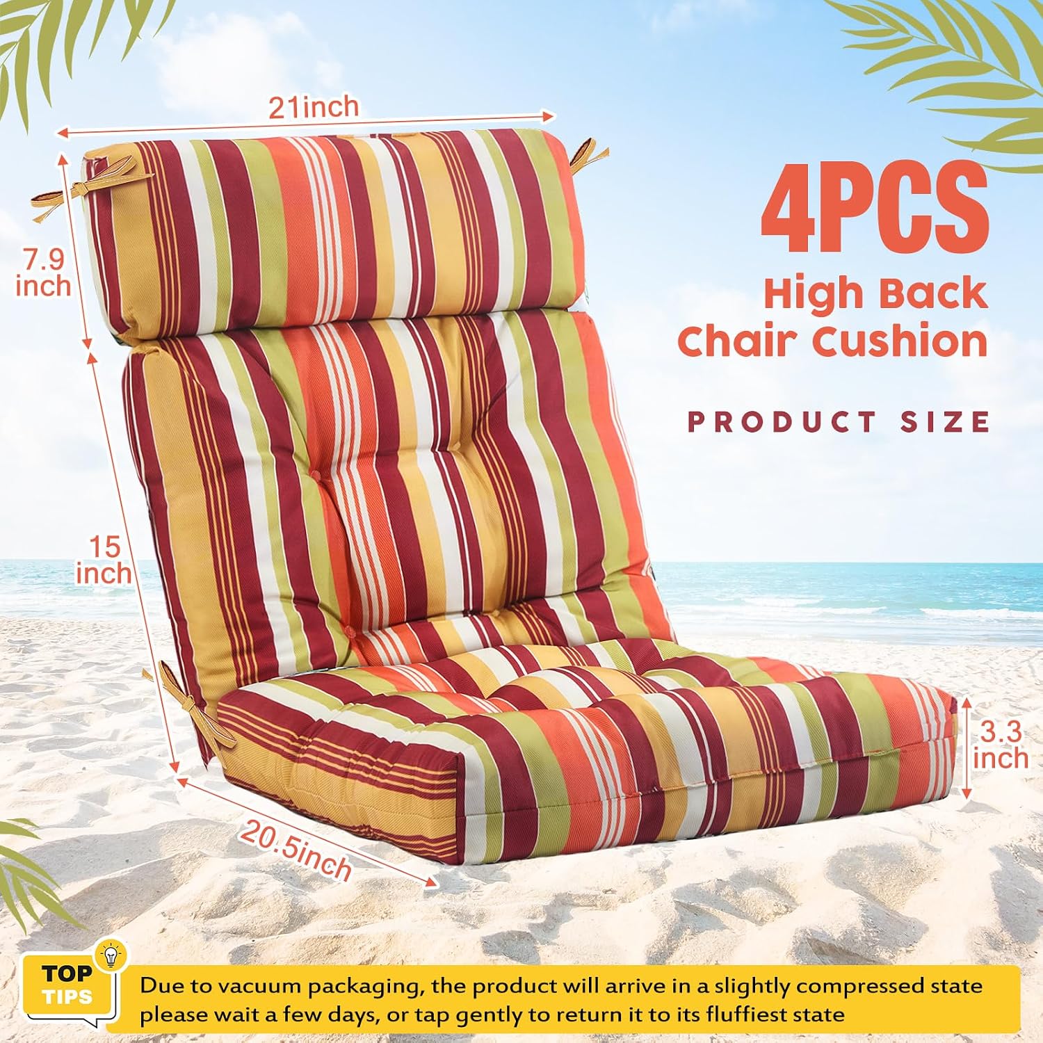 Barydat 4 Pcs Tufted High Back Chair Cushion Indoor Outdoor Seat and Back Cushions Palm Leaves Tropical Plants Lawn Rocking Chair Pads with Ties for Adirondack Patio Garden (Yellow Stripes)