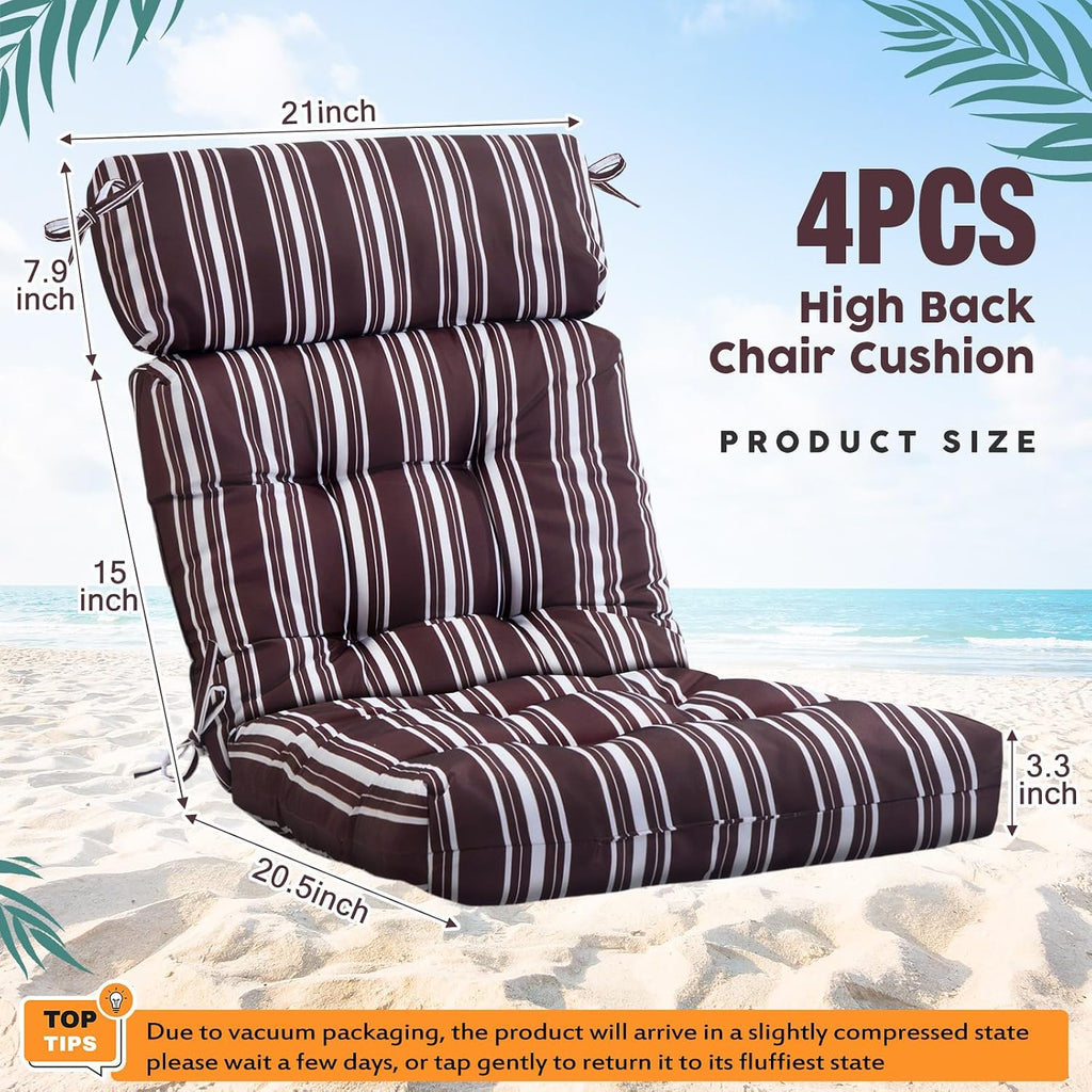 Barydat 4 Pcs Tufted High Back Chair Cushion Indoor Outdoor Seat and Back Cushions Palm Leaves Tropical Plants Lawn Rocking Chair Pads with Ties for Adirondack Patio Garden(Brown Stripes)