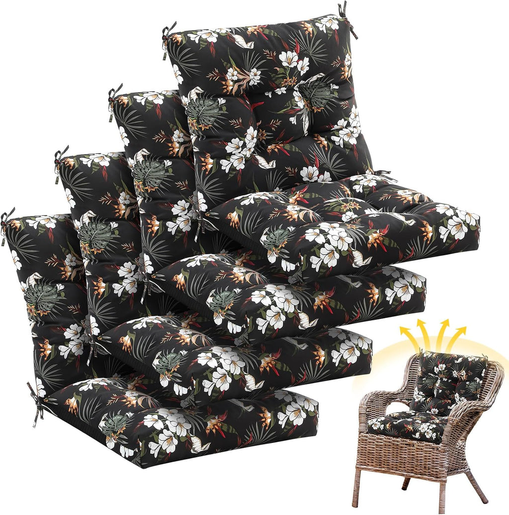Marsui 4 Pcs Outdoor Indoor High Back Chair Cushions Patio Furniture Tufted Pillow with Ties Water-Resistant Replacement Outdoor Rocking Chair Cushions, 42 x 21 Inches (Black,Plants)