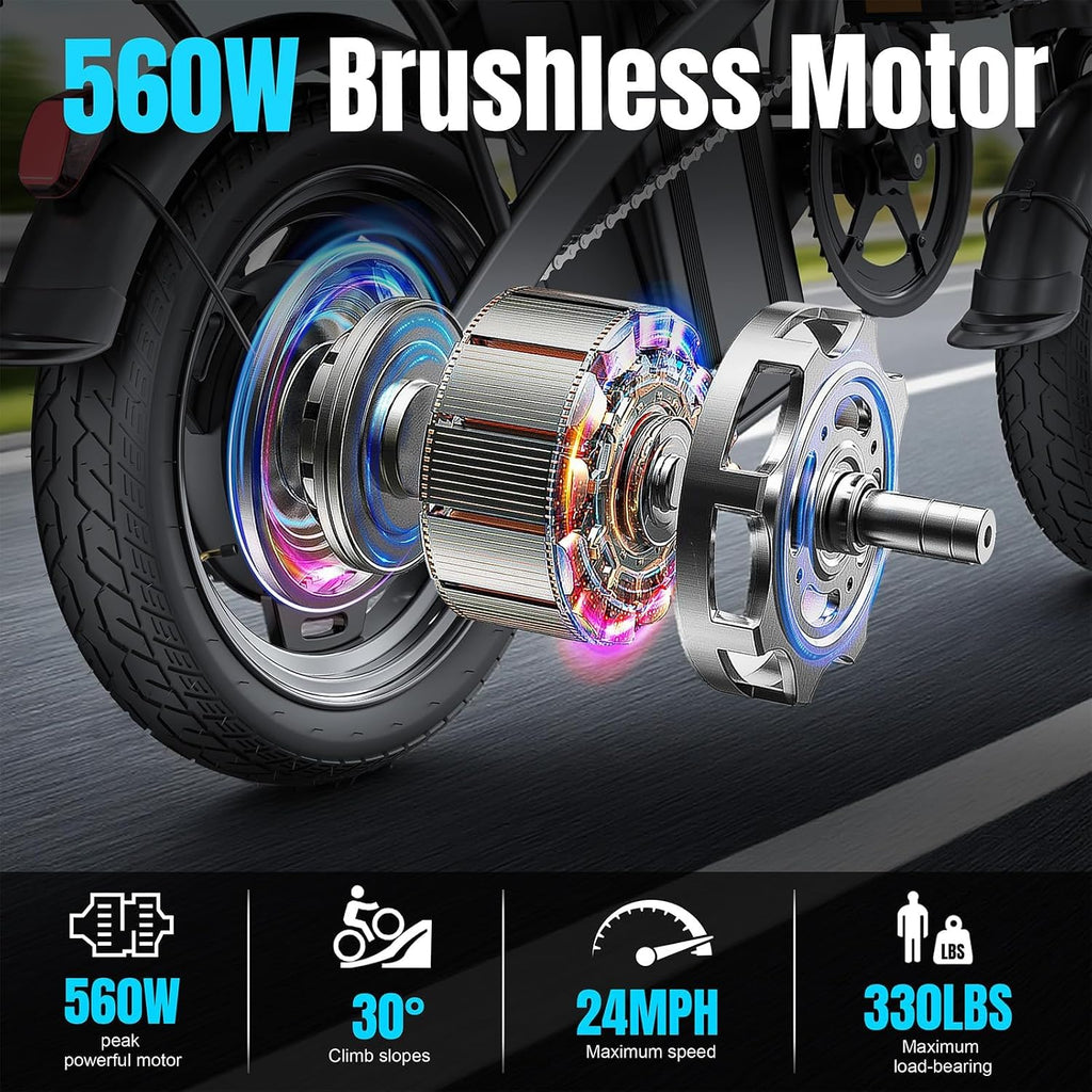 Electric Bike for Adults and Teens, 560W Motor 24MPH 14' Mini Commuter Ebike, 48V 10Ah Battery, 32 Miles Range, 3 Shock Absorbers, Foldable Electric Bicycles with UL 2849 Certification