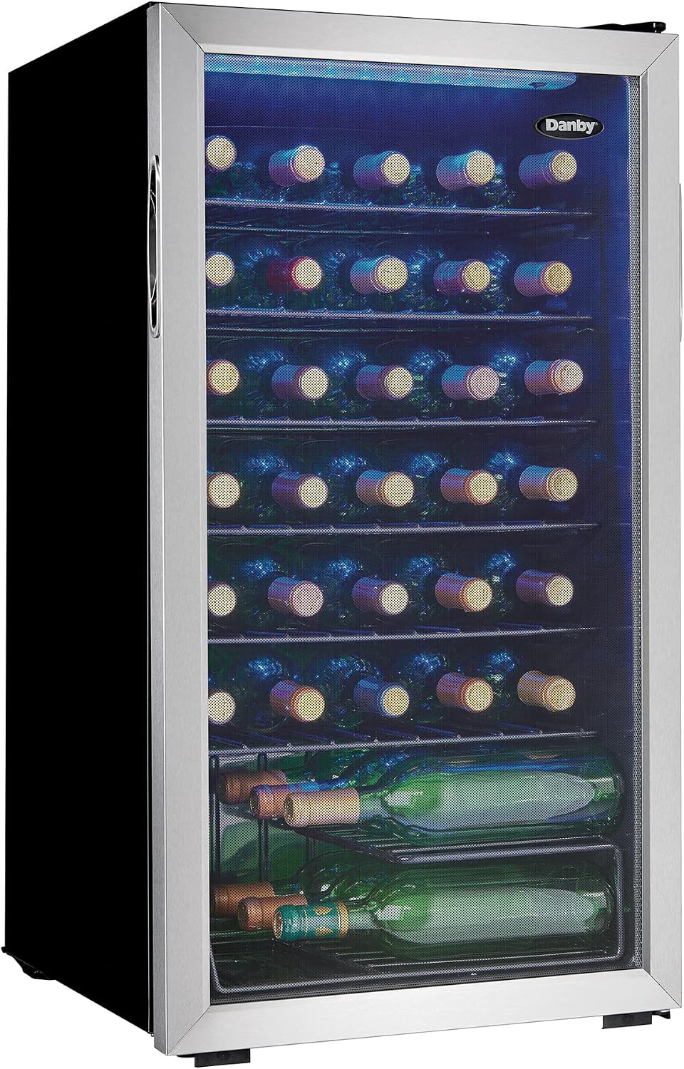 Danby DWC036A1BSSDB-6 3.3 Cu. Ft. Free Standing Wine Cooler, Holds 36 Bottles, Single Zone Fridge With Glass Door - Chiller for Kitchen, Home Bar, Black/Grey