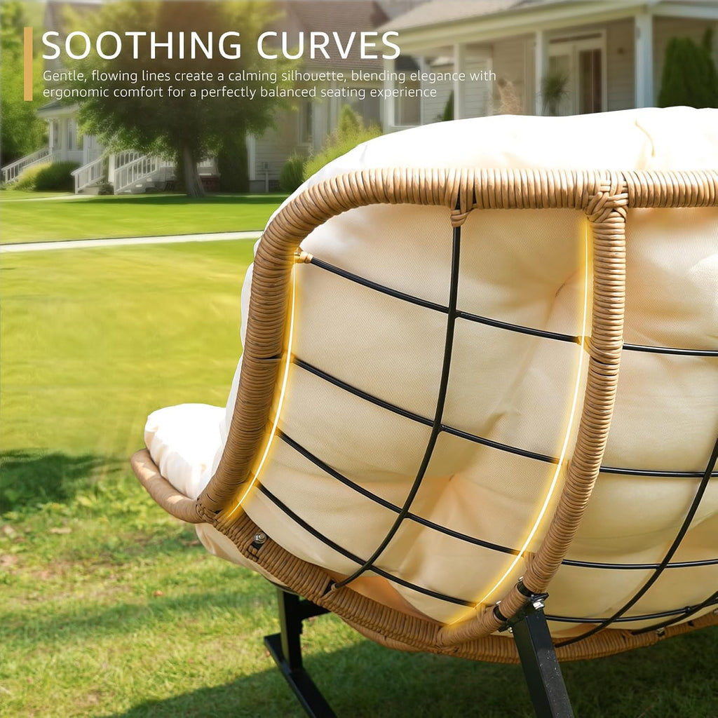 NICESOUL Outdoor Double Egg Rocking Chair, Oversized 2 Person Wide Papasan Rocker, Comfy Padded Recliner Loveseat, 700 lbs Heavy Duty Glider Lounge Chair with Cushion for Outside Backyard Porch, Beige