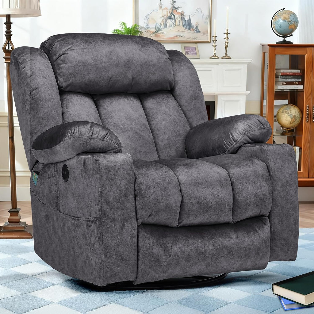 Swivel Rocker Recliner Chair with Heat and Massage, Manual Glider Rocking Reclining Chair, 360° Swivel Overstuffed Lounge Chair with 2 Cup Holders, Side Pockets & USB Ports, Fabric Grey