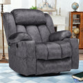 Swivel Rocker Recliner Chair with Heat and Massage, Manual Glider Rocking Reclining Chair, 360° Swivel Overstuffed Lounge Chair with 2 Cup Holders, Side Pockets & USB Ports, Fabric Grey