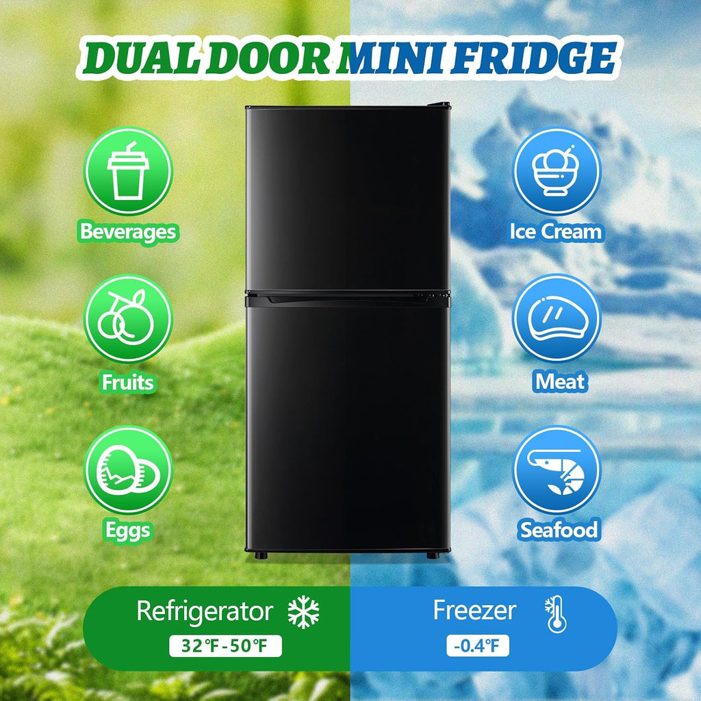 DEMULELR 3.9Cu.ft Refrigerator with Freezer Black Two Door Mini Fridge with Crisper Drawer & Extra Drink Space, LED Light, Full-Size Fridge for Dorm Office 17.5'D x 17'W x 40'H，Silver