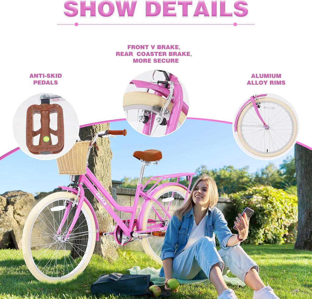Girls Bike, 20/22/24 Inch Wheels, 1/7 Speed Kids Bike Cruiser Bike, Rear Cargo Rack for 7-14 Years Old Kids Bike, Multiple Colors