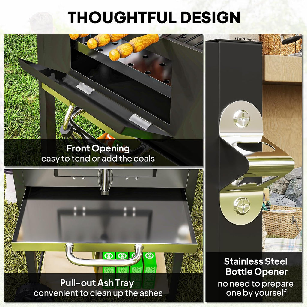 Portable Charcoal Grill with Adjustable Vents & Thermometer – 44' Heavy-Duty BBQ Grill with 3-Level Charcoal Pan, Wheels & Side Shelves – Backyard/Camping Grill (Black/Nature Wood)