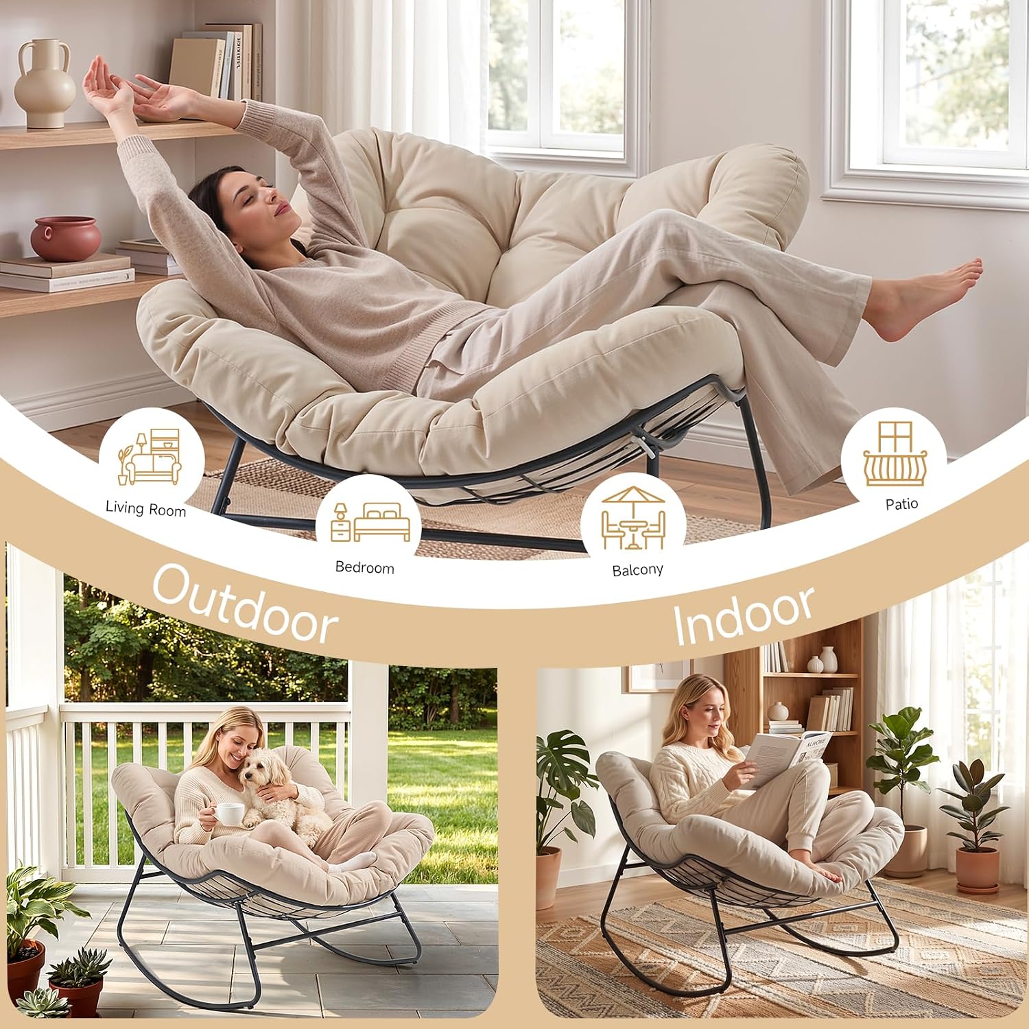 ONBRILL Outdoor Papasan Rocking Chair, 450 lbs Oversized Comfy Patio Chair with Thickened Cushion, Indoor Egg Rocking Lounge Chairs, Rocker Chairs for Patio Porch Garden Living Room Bedroom, Beige