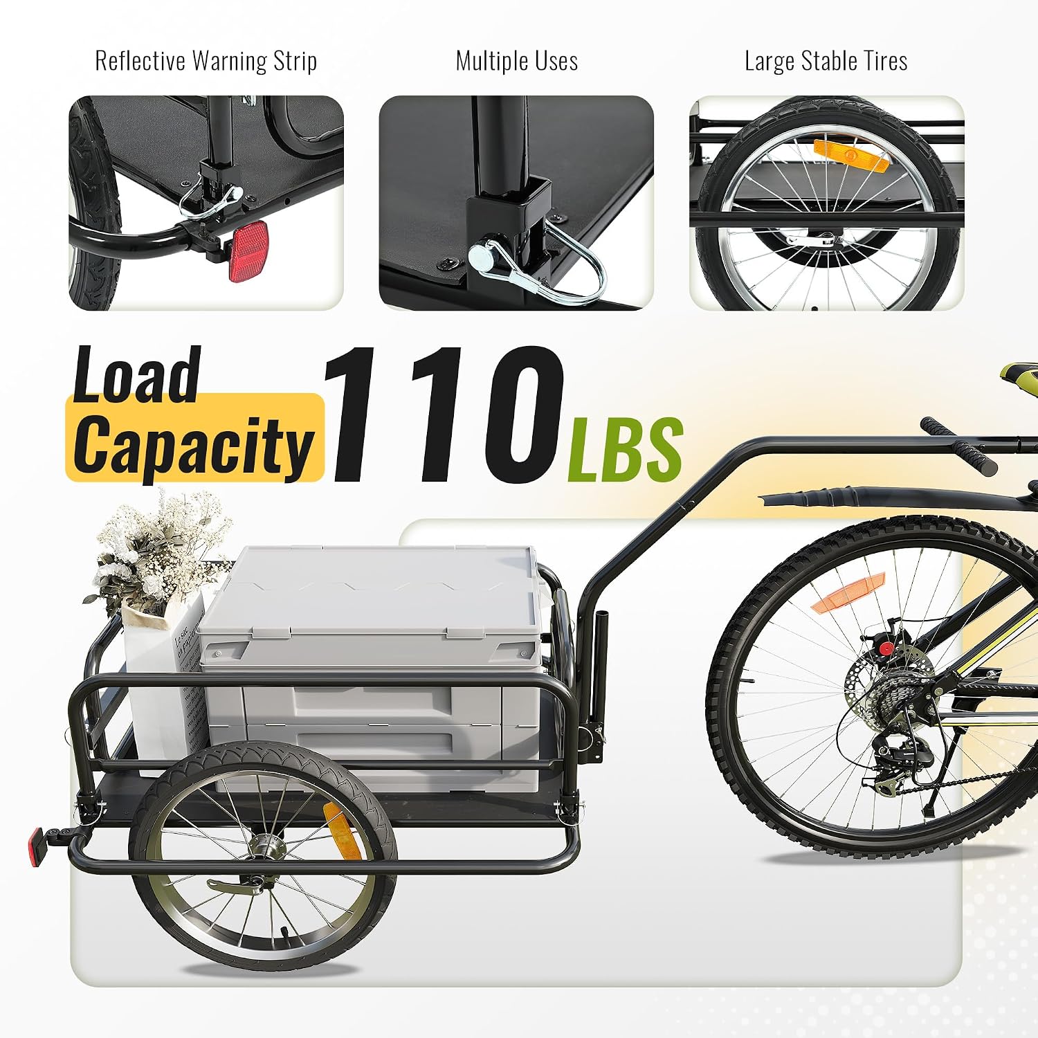Kojem Foldable Bike Cargo Trailer, Heavy-Duty Storage Bicycle Trailer 110LBS Load Capacity, 16IN Wheel Bike Wagon Cart, with Universal Hitch and Foldable Frame, Fit for Pet, Shopping, Park Picnics