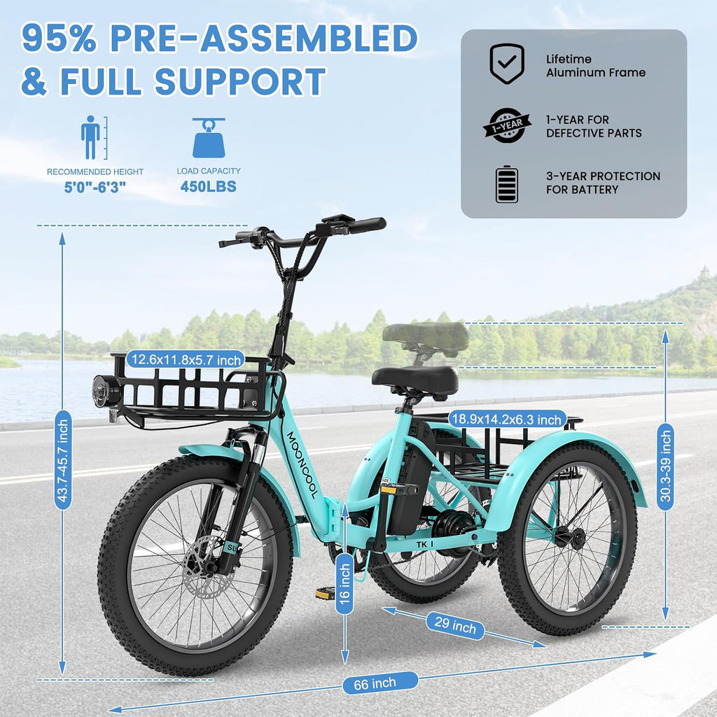 MOONCOOL Foldable Electric Tricycle for Adults, 20' Aluminum Etrike Fat Tire, Rated 500W 48V 15Ah Rear Differential, Front Suspension, 15.5MPH, 450LBS Payload, 95% Pre-Assembled