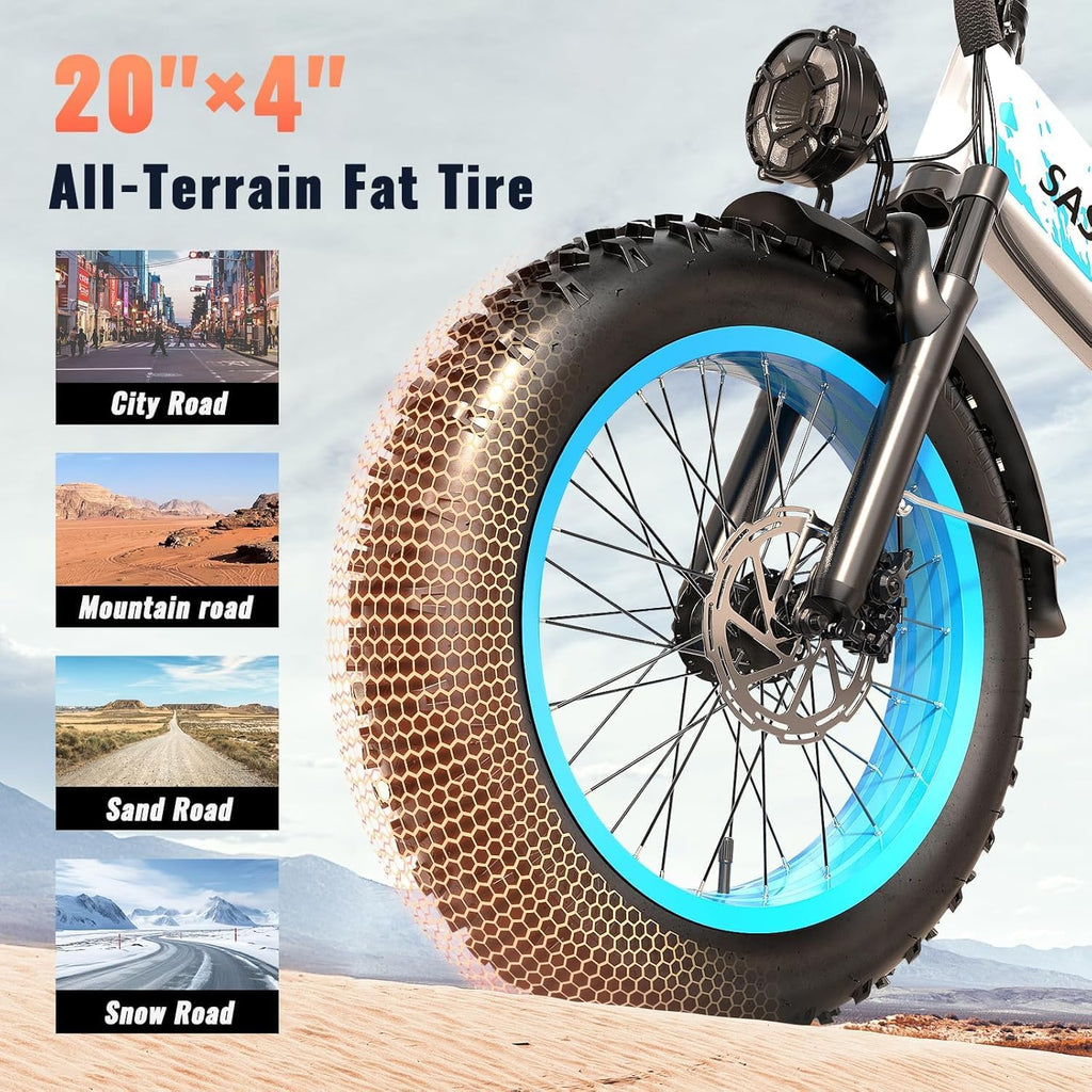 Folding 52V 20Ah Removabke Battery Electric Bike 1500W Peak Motor 20'' Fat Tire Mountain Commuter Ebike Motorcycle Range 70 Miles UL Certified Adult Electric Dirt Bike with 7-Speed