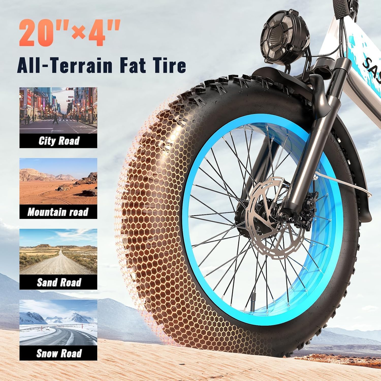 Folding 52V 20Ah Removabke Battery Electric Bike 1500W Peak Motor 20'' Fat Tire Mountain Commuter Ebike Motorcycle Range 70 Miles UL Certified Adult Electric Dirt Bike with 7-Speed