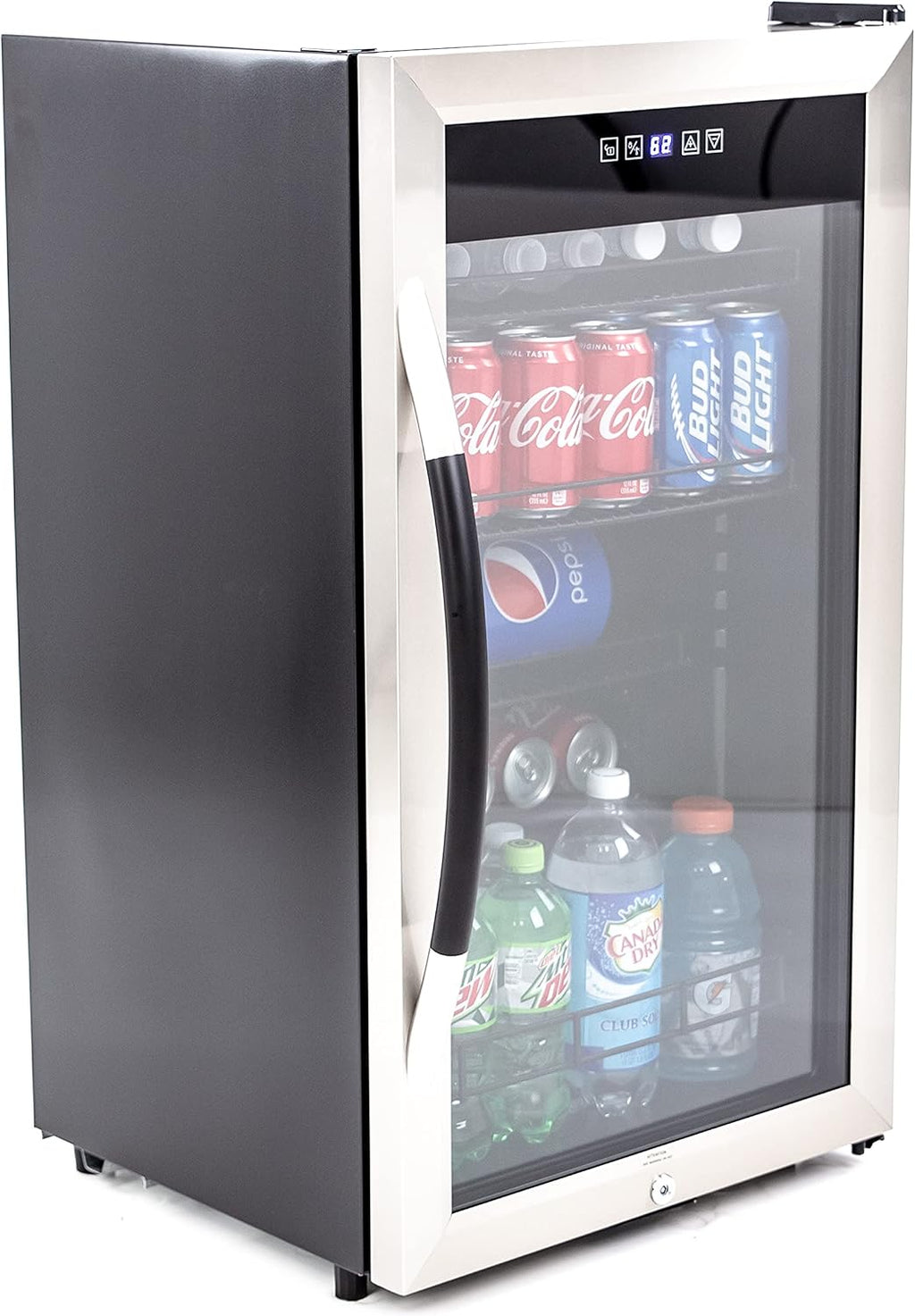 Avanti Beverage Cooler with Glass Door 108 Can Mini Refrigerator with Lock for Beer Soda Water Wine with Adjustable Shelves Digital Temperature Control and Interior Lighting, 3-Cu.Ft., Metallic