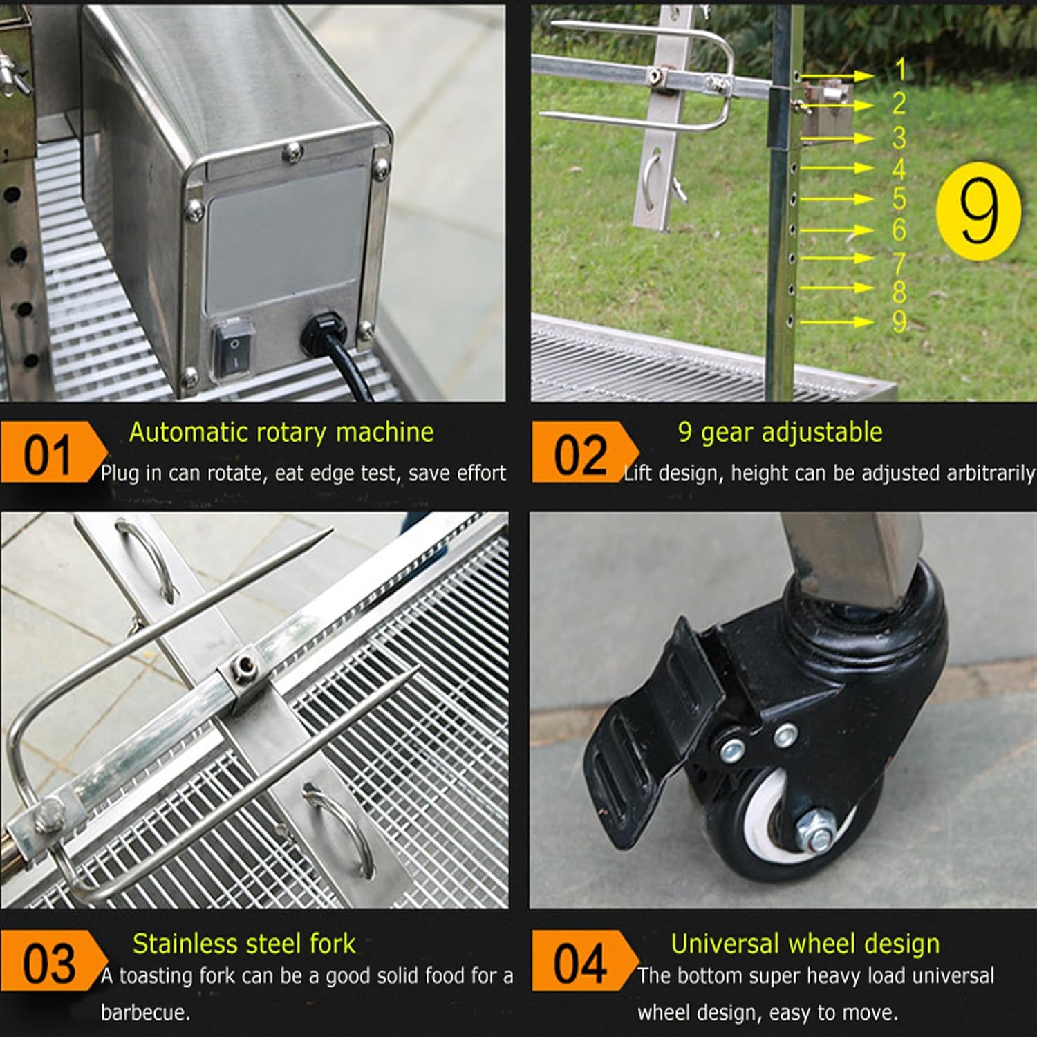 Rotisserie Charcoal Grill, Stainless Steel BBQ Grill with Adjustable Height, 44.5' Portable Grill for Outdoor Parties and Backyard Use 110V 15W