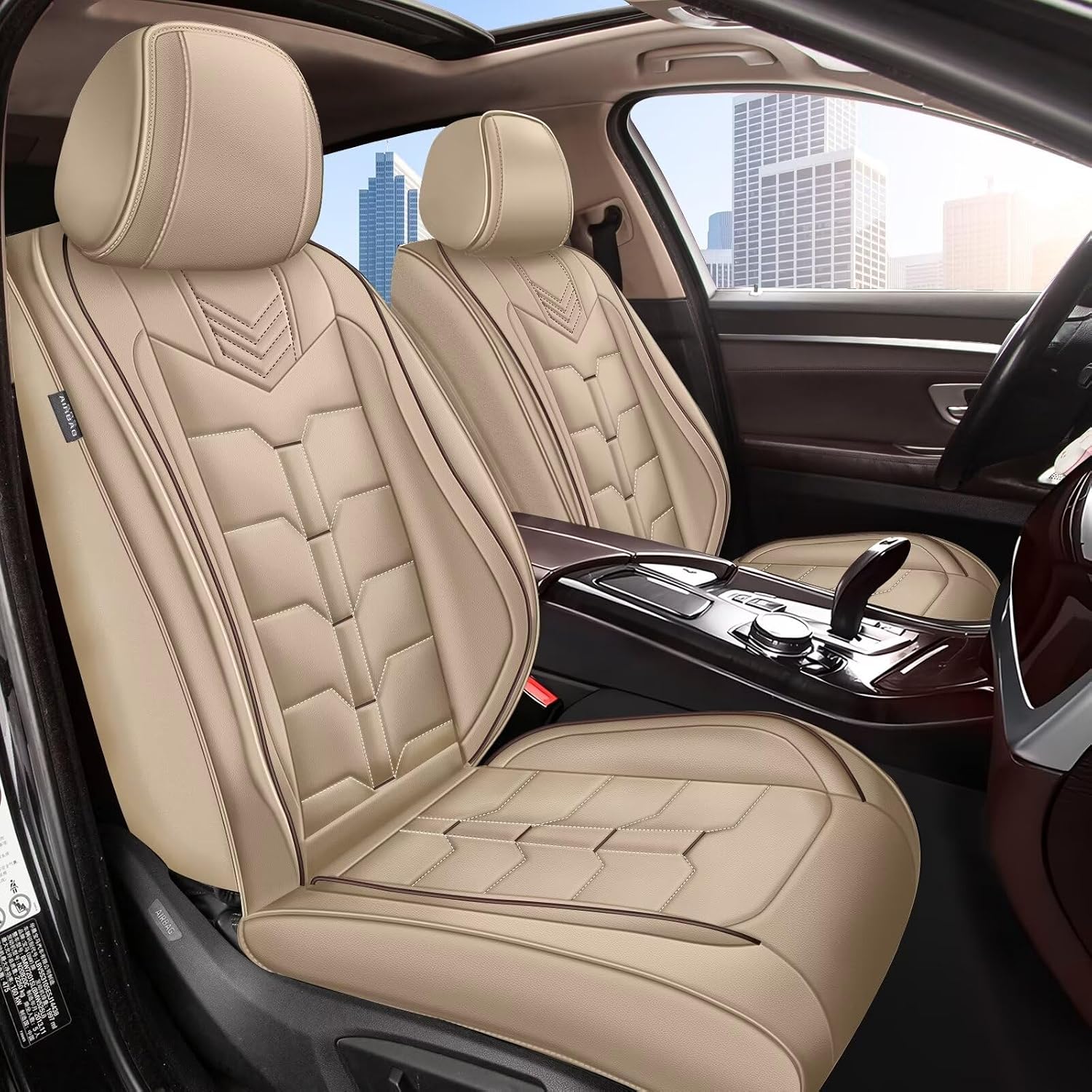 IKABEVEM Seat Covers Fit for Nissan Pathfinder 2011-2024 2025 2026 Full Set Car Seat Cover Faux Leather Seat Cushion Waterproof Auto Protectors(Beige)-2 Rows 5 Seats