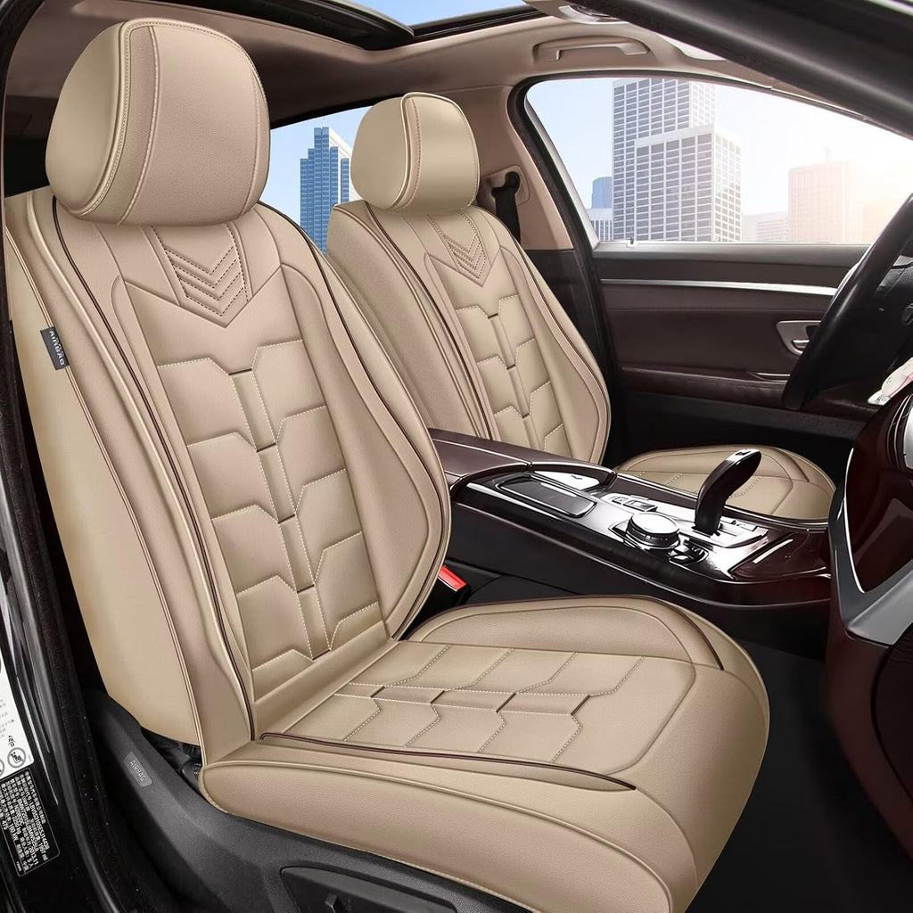 IKABEVEM Seat Covers Fit for Nissan Pathfinder 2011-2024 2025 2026 2PCS Front Car Seat Covers Faux Leather Seat Cushion Waterproof Auto Protectors(Beige)-2 Front Seat Covers