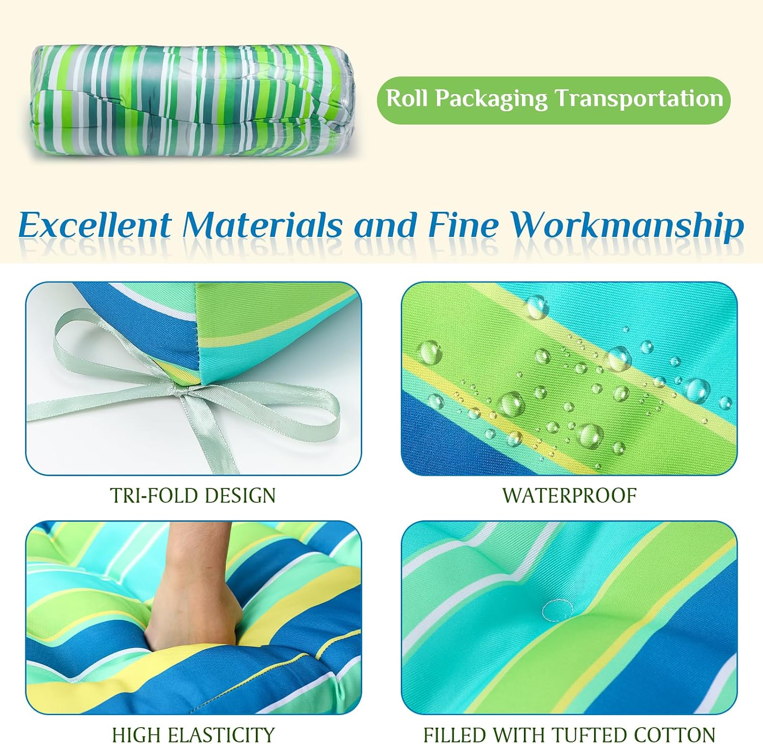 Hoteam 6 Set Patio Chair Cushions Outdoor 20 x 40 Inch High Chair Patio Cushion for Outdoor Furniture Waterproof Seat Rocking Indoor Thickened Pad(Striped Style,Green)