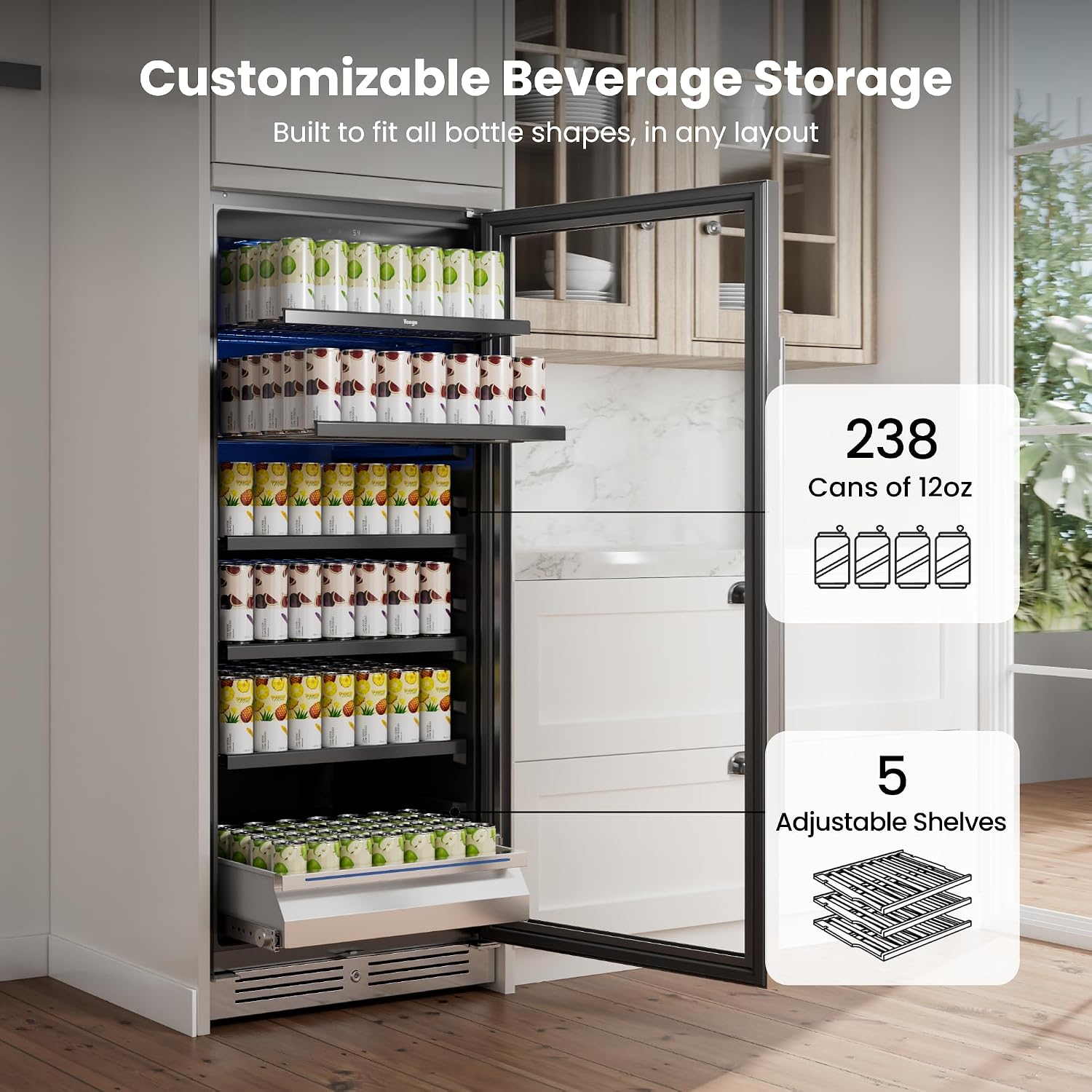 Yeego 24 Inch Beverage Refrigerator, 238 Can Built-In Beverage Cooler with Glass Door & Door Lock, Freestanding Drink Fridge with Digital Temperature Control for Soda, Beer & Wine, Kitchen or Home Bar