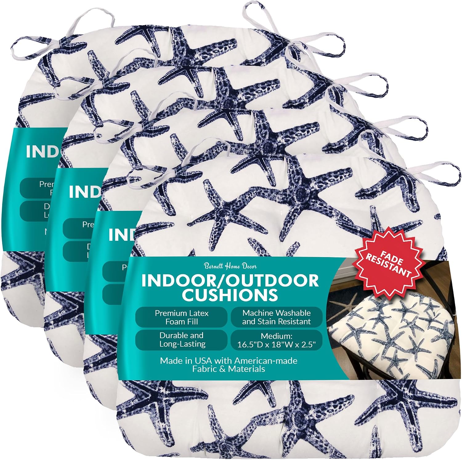 Barnett Home Decor Indoor Outdoor Dining Chair Cushions - 16.5 x 18 Patio Chair Cushions - Fade Resistant, Weather Resistant, Made in USA - Sea Shore Starfish Navy Blue (Pack of 4) Coastal