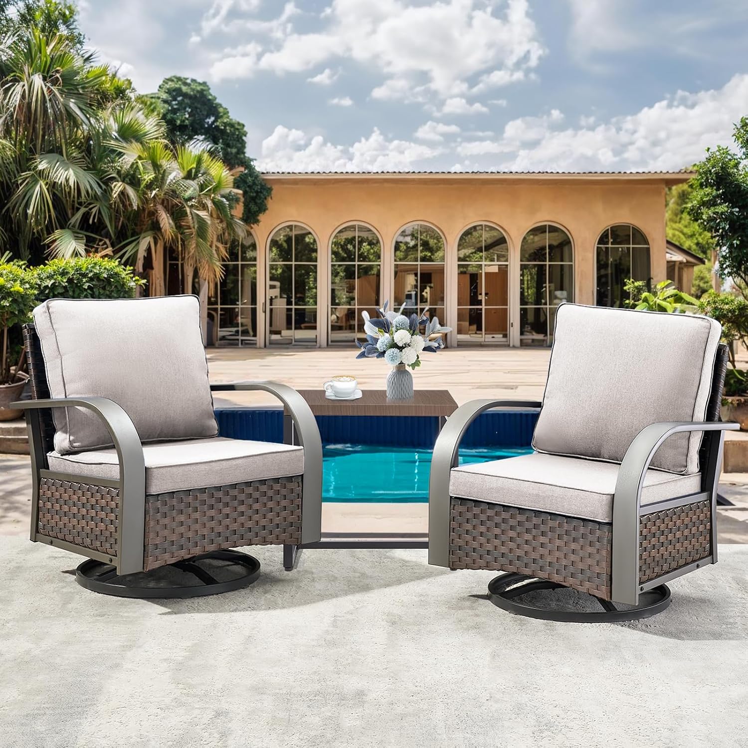 HUMMUH 3PCS Patio Table and Chairs Set -All Weather Outdoor Swivel Rocker Patio Chairs for Deck Porch Lawn Garden Backyard