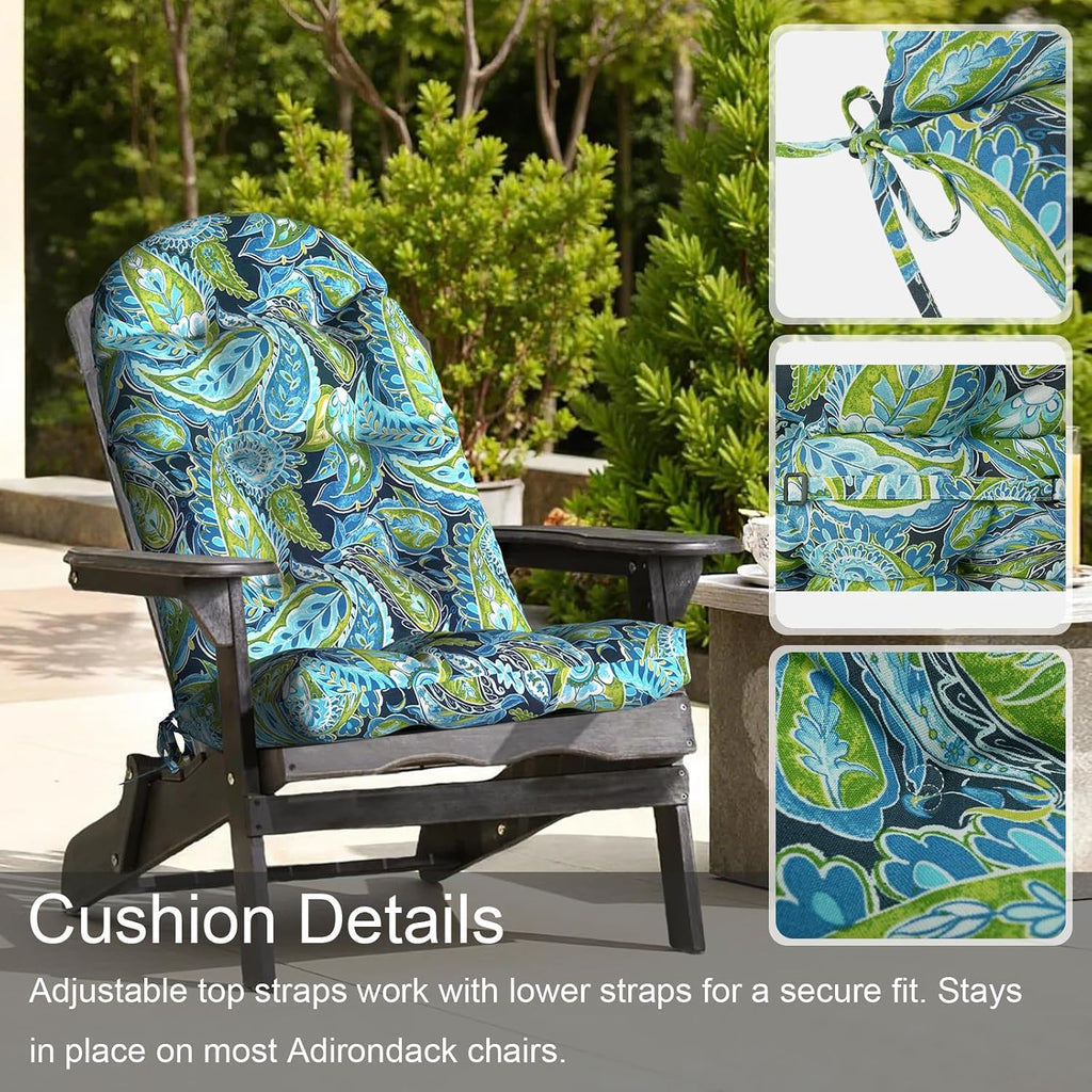 LVTXIII 2 Pack Outdoor Adirondack Chair Cushions, 44x19x4 Inch Water Repellent Patio Cushions for Rocking Chairs, Thick Tufted High Back Seat Cushion Set, Paisley Lapis Green