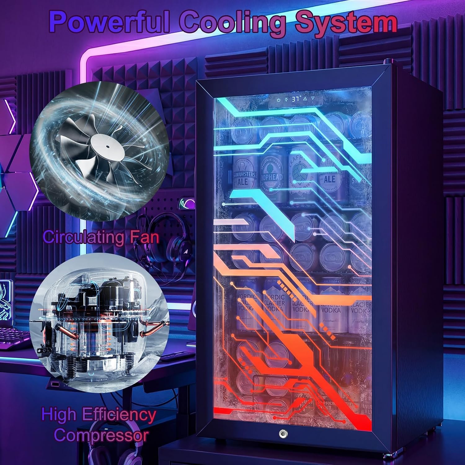 Beverage Refrigerator with LED Light Up Door – 128 Can Freestanding Drink Fridge, Small Beer Cooler with 4 Removable Shelves, Child Safety Lockfor Gaming Room Home Bar Party,Cyberpunk