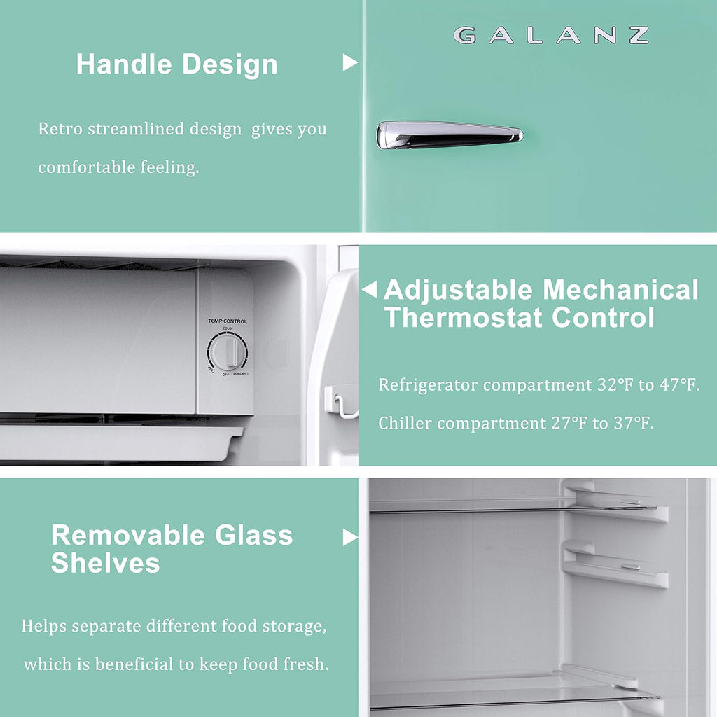 Galanz GLR33MGNR10 Retro Compact Refrigerator, Single Door Fridge, Adjustable Mechanical Thermostat with Chiller, Green, 3.3 Cu Ft