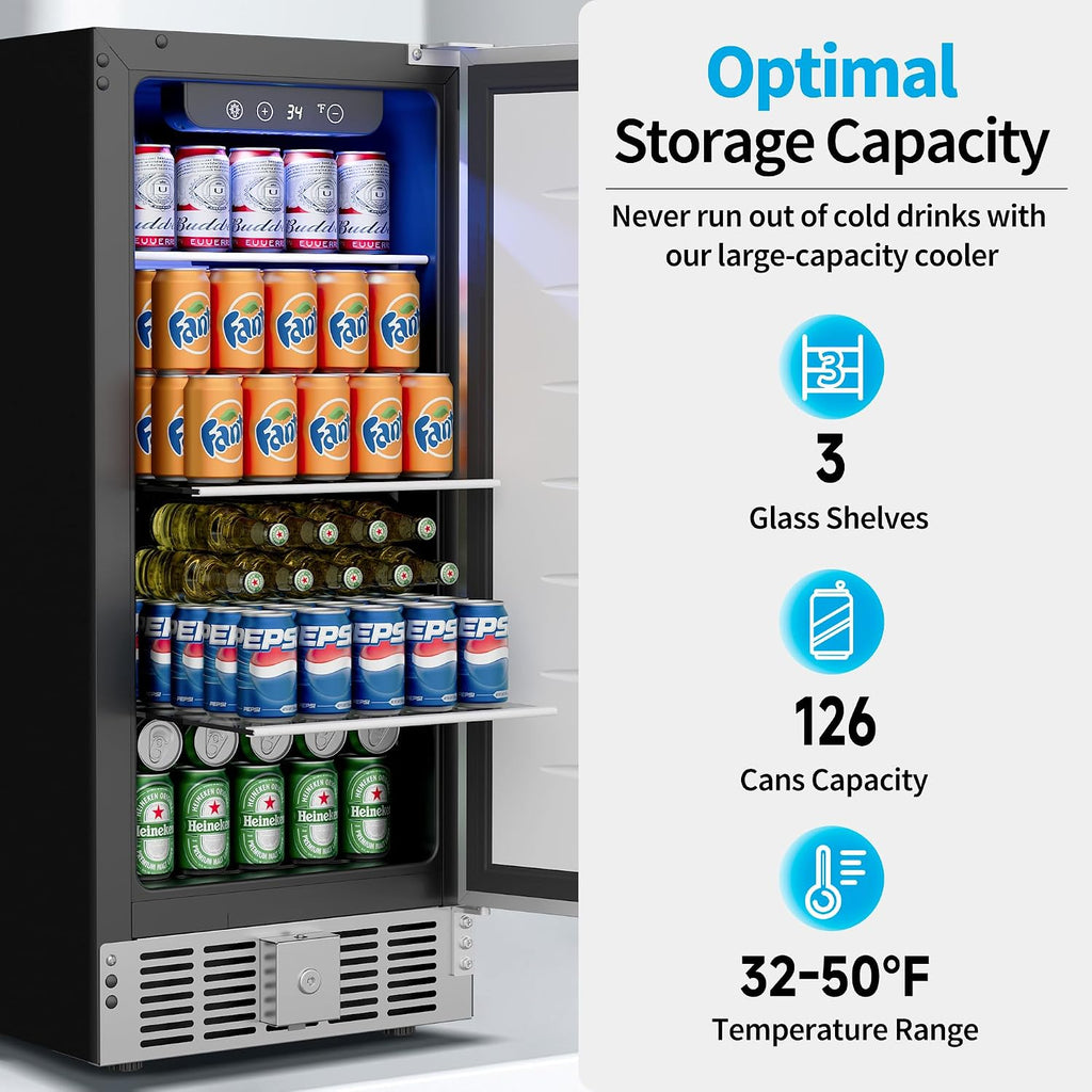 Feelfunn 15 Inch Undercounter Beverage Refrigerator - 126 Cans Beverage Fridge with Stainless Steel Door for Beer Wine Soda - Built-in or Freestanding Wine Cooler for Home Kitchen Bar
