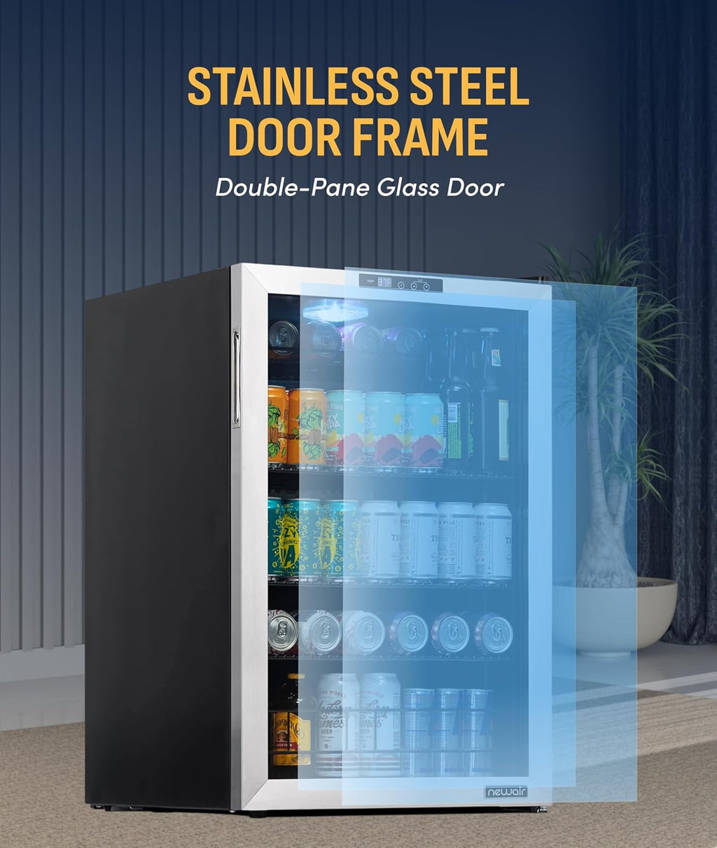 NewAir 160 Can Beverage Refrigerator | Freestanding Small Mini Fridge for Bedroom, Home Bar or Living Room | SplitShelf Storage, Digital Thermostat & LED Light | Stainless Steel