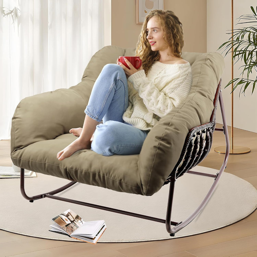 Outdoor Papasan Rocking Chair, Oversized Patio Rocking Chairs with Padded Cushion& Pillow-Comfortable Rocker Egg Chair for Front Porch, Garden, Patio, Backyard,2PC,Khaki