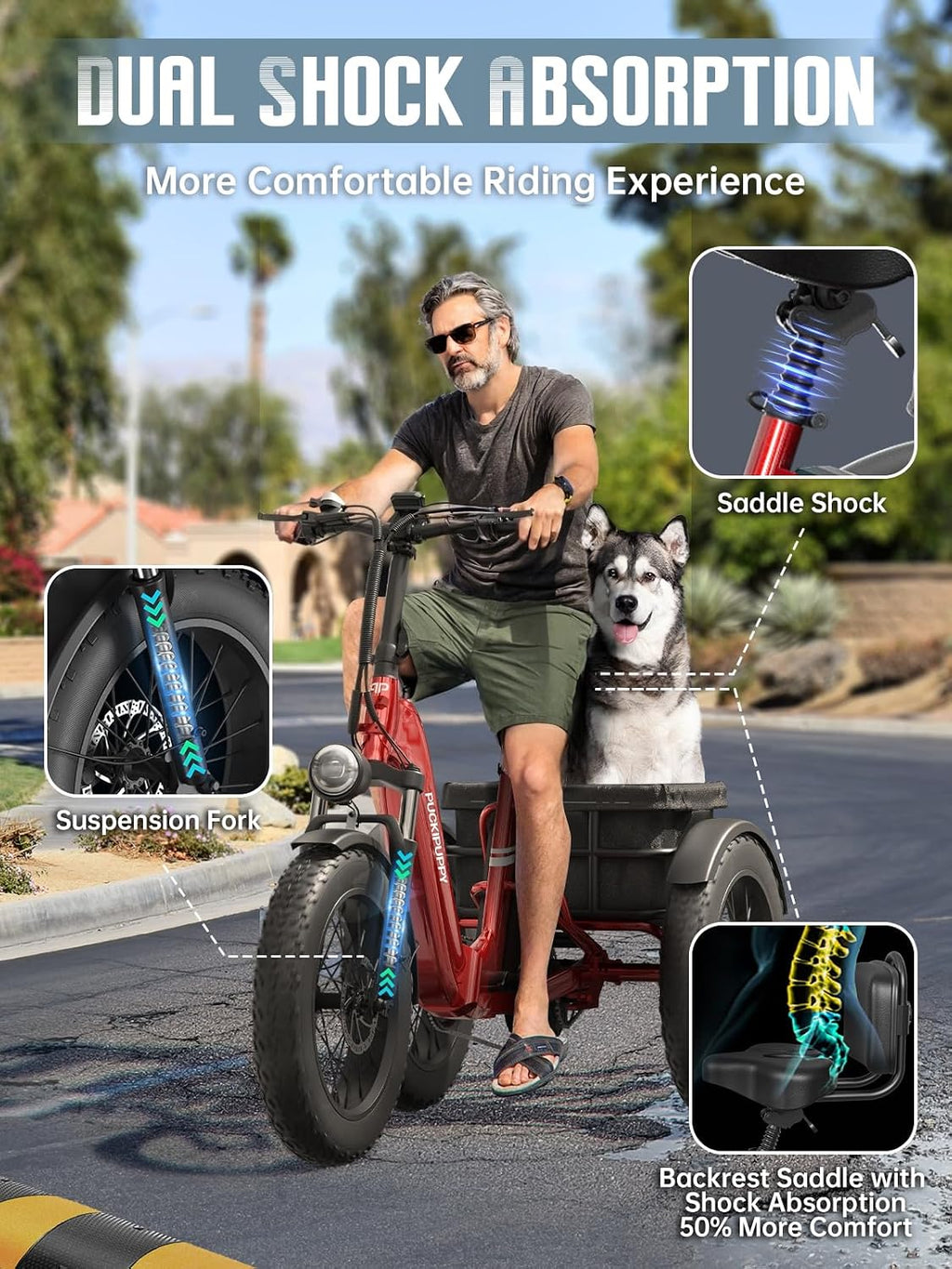 Electric Tricycle for Adult, 110 Miles Range, 500 LB Load, 20'' Fat Tire Electric Trike with Large Basket,Rear Differential,48V/15Ah&17.4Ah Battery,960W Peak Motor for Sand Road,City Road (Husky Plus)