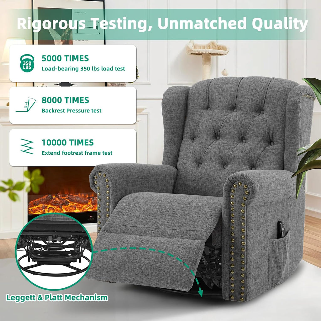 VIVIJASON Power Swivel Rocking Recliner Chair with Massage & Heat, Electric Rocker Glider Chair for Nursery, Wingback Tufted Upholstered Recliner W/Type-C & USB Ports for Living Room, Bedroom, Grey