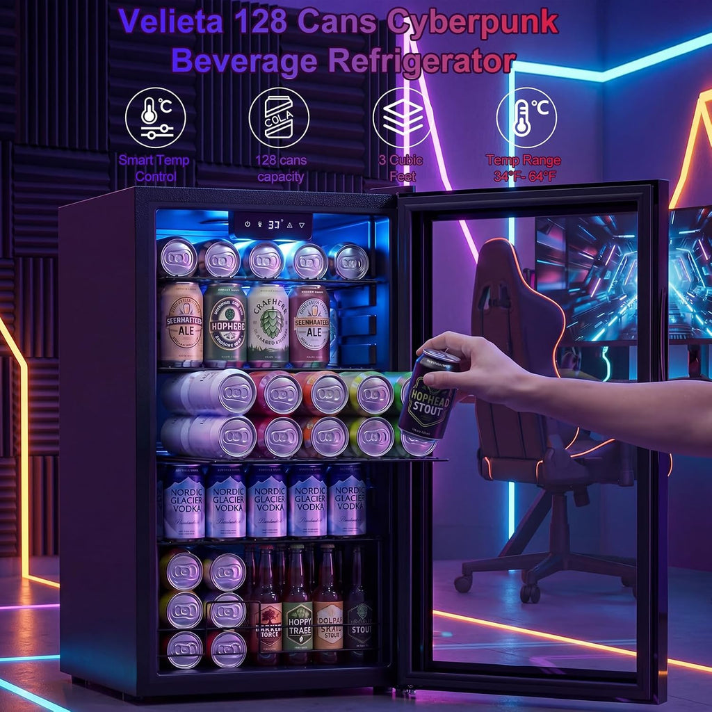 Beverage Refrigerator with LED Light Up Door – 128 Can Freestanding Drink Fridge, Small Beer Cooler with 4 Removable Shelves, Child Safety Lockfor Gaming Room Home Bar Party,Cyberpunk