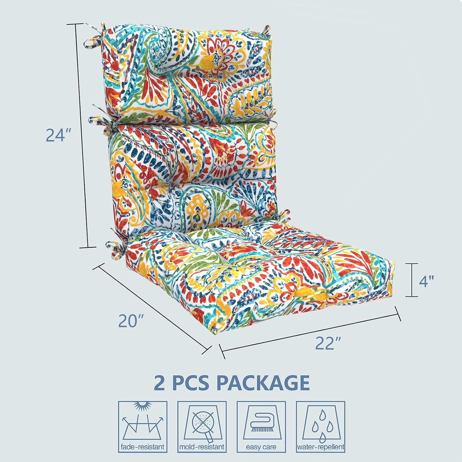 LVTXIII 2 Pack Outdoor High Back Cushions, 22' W x 20' D Tufted Seat and Back Chair Cushion with Ties, Fluffy Patio Replacement Rocking Chair Cushion for Outdoor Furniture Use, A Paisley Ummi Multi