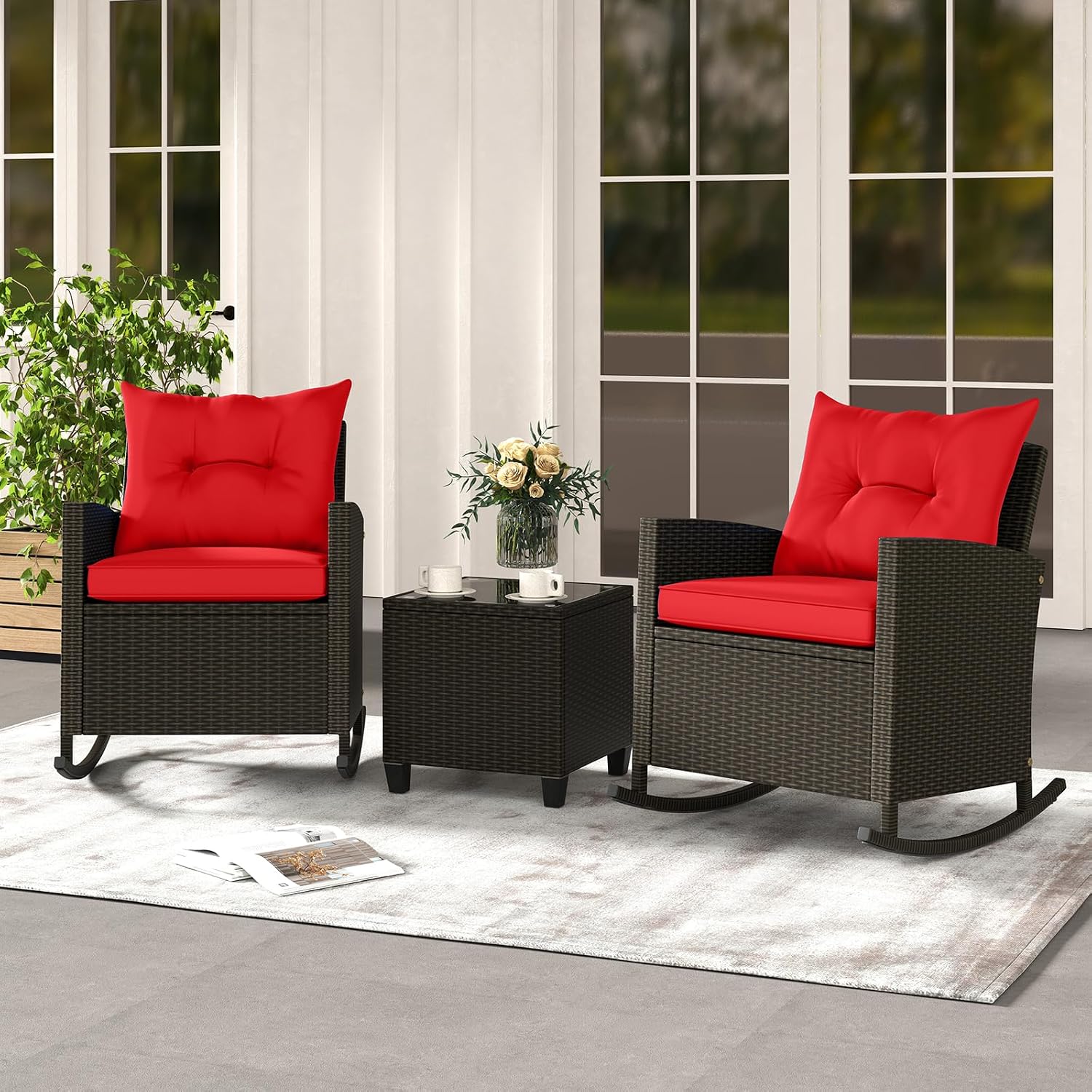 KOTEK 3 Piece Patio Furniture Rocking Bistro Set, Wicker Outdoor Rocking Chairs & Glass Table, PE Rattan Conversation Set for Porch, Balcony, Deck, Poolside (Mix Brown- Red)