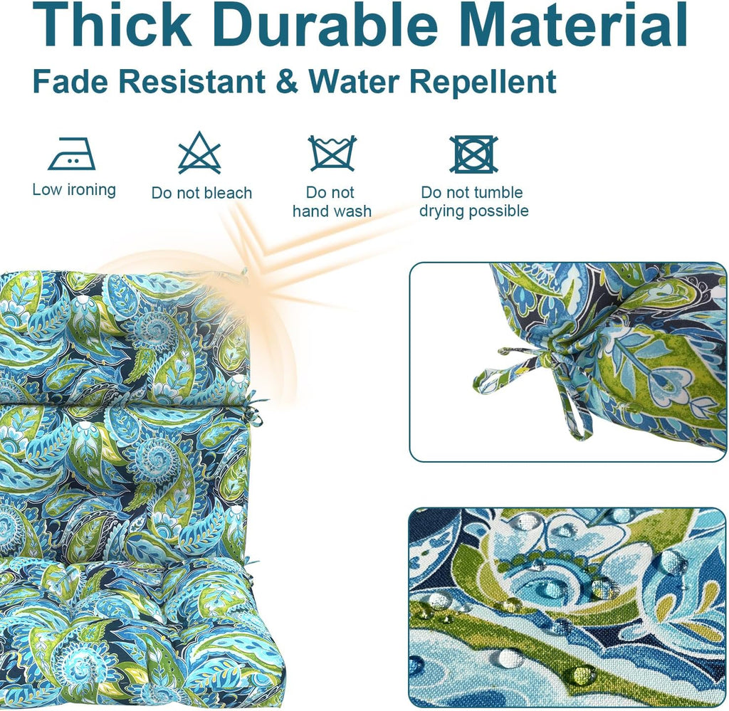 DYTXIII Outdoor High Back Chair Cushions Set of 2, Water Repellent Tufted Rocking Seat Cushions Replacement 44 x 22 Inch, Seat & Back Chair Pads for Patio and Indoor Use -Paisley Blue Green