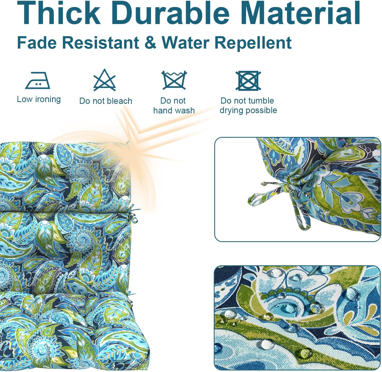 DYTXIII Outdoor High Back Chair Cushions Set of 2, Water Repellent Tufted Rocking Seat Cushions Replacement 44 x 22 Inch, Seat & Back Chair Pads for Patio and Indoor Use -Paisley Blue Green
